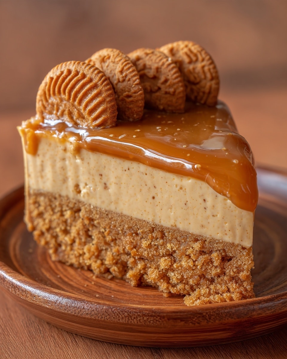 A close-up of a cake slice with two layers: a light brown, fluffy textured bottom layer and a smooth, shiny caramel-colored top layer of frosting that covers the entire surface. The top of the cake is decorated with small, rectangular brown cookies placed neatly in a row along the edge. The cake sits on a wooden round tray with some crumbs scattered around. The background is a soft, blurry brown, and the surface under the tray is a white marbled texture. photo taken with an iphone --ar 4:5 --v 7