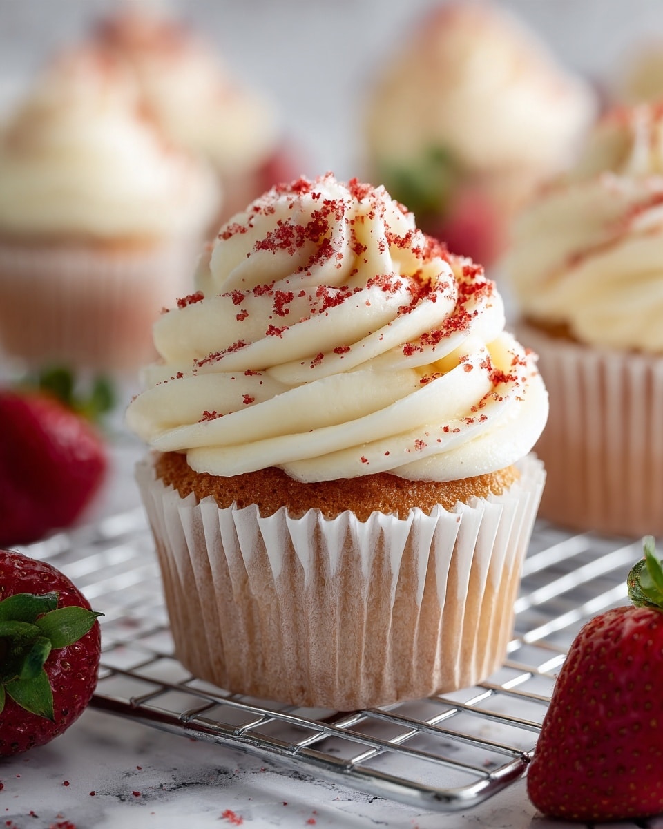 A close-up of a single cupcake with three main layers: the bottom layer is a light brown, textured cake in a white paper liner with vertical ridges; the middle layer is a swirl of smooth white cream frosting piled high with soft curves; the top layer is sprinkled with fine, crumbly red crumbs that cling to both the frosting and cake edges. The cupcake sits on a silver wire cooling rack with more red crumbs scattered below, and there are blurred out cupcakes and red strawberries in the background, all on a white marbled surface. photo taken with an iphone --ar 4:5 --v 7