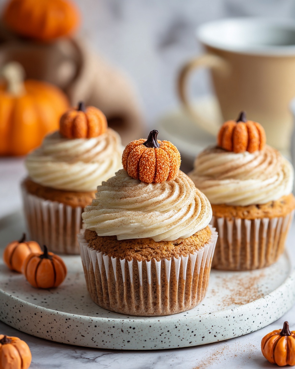 Three pumpkin cupcakes are arranged on a speckled white plate with one in the front and two behind. Each cupcake has a golden-brown base with ridged paper liners, topped with a tall swirl of creamy white frosting dusted lightly with cinnamon. Sitting on top of each frosting swirl is a small pumpkin-shaped candy with orange color, sugar crystals, and dark brown chocolate stem. Around the plate and in the background are more small pumpkin candies, two whole orange pumpkins on a wooden board, and a ceramic cup with brown, red, and white colors. The scene is set on a white marbled surface. photo taken with an iphone --ar 4:5 --v 7