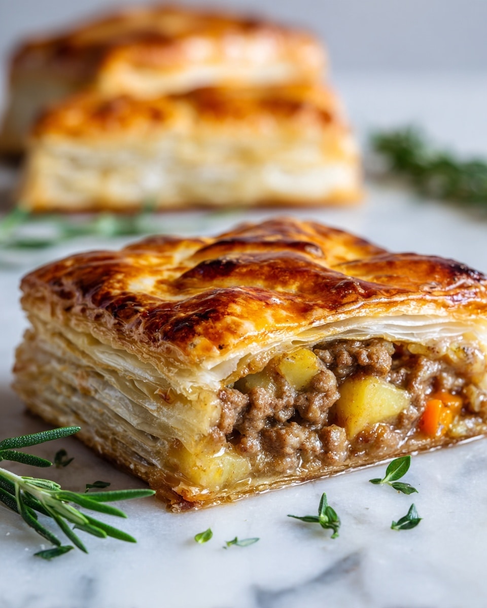A close-up of a golden-brown flaky pastry with a slightly shiny, crisp top layer, cut open to reveal a filling made of chunky layers of cooked ground meat mixed with soft cubes of orange carrot and yellow potato, all held together with a dark brown savory sauce. The pastry shows multiple thin, light, and airy layers stacked on top of each other, visible on the edges. Small green herb sprigs lie scattered on a white marbled surface near the pastry, adding a fresh touch. In the background, another pastry piece, slightly blurred, sits on the same surface. Photo taken with an iphone --ar 4:5 --v 7