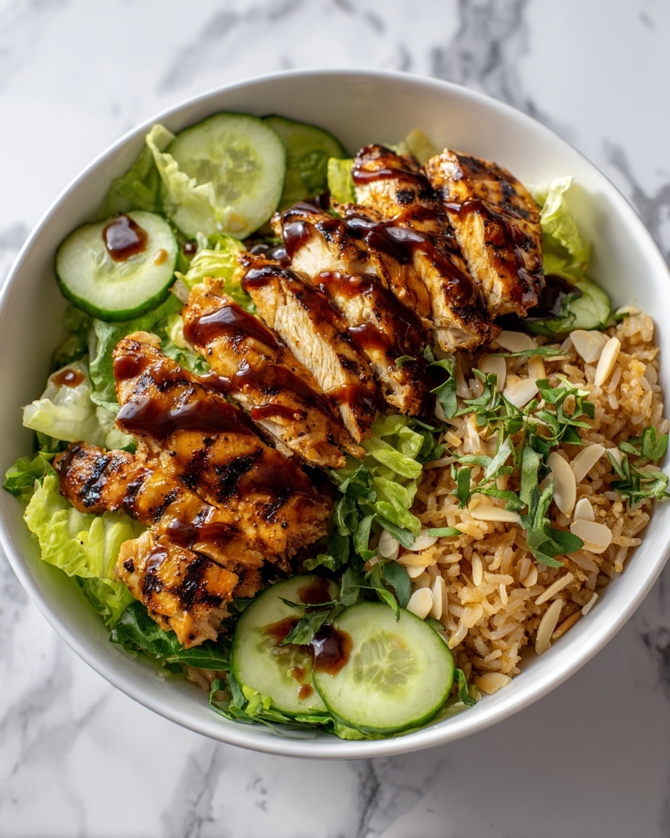 The image shows a white bowl filled with sliced grilled chicken breast pieces, each with clear grill marks, placed on top of a bed of light green lettuce leaves. Around the chicken, fresh cucumber slices and a sprinkle of chopped herbs add texture and color. Some toasted almond slices are scattered on the side, adding a crunchy look. The bowl sits on a white marbled surface, and a woman's hand is gently holding the bowl from the edge. The overall colors are warm from the chicken and fresh greens with a clean, bright background. Photo taken with an iphone --ar 4:5 --v 7