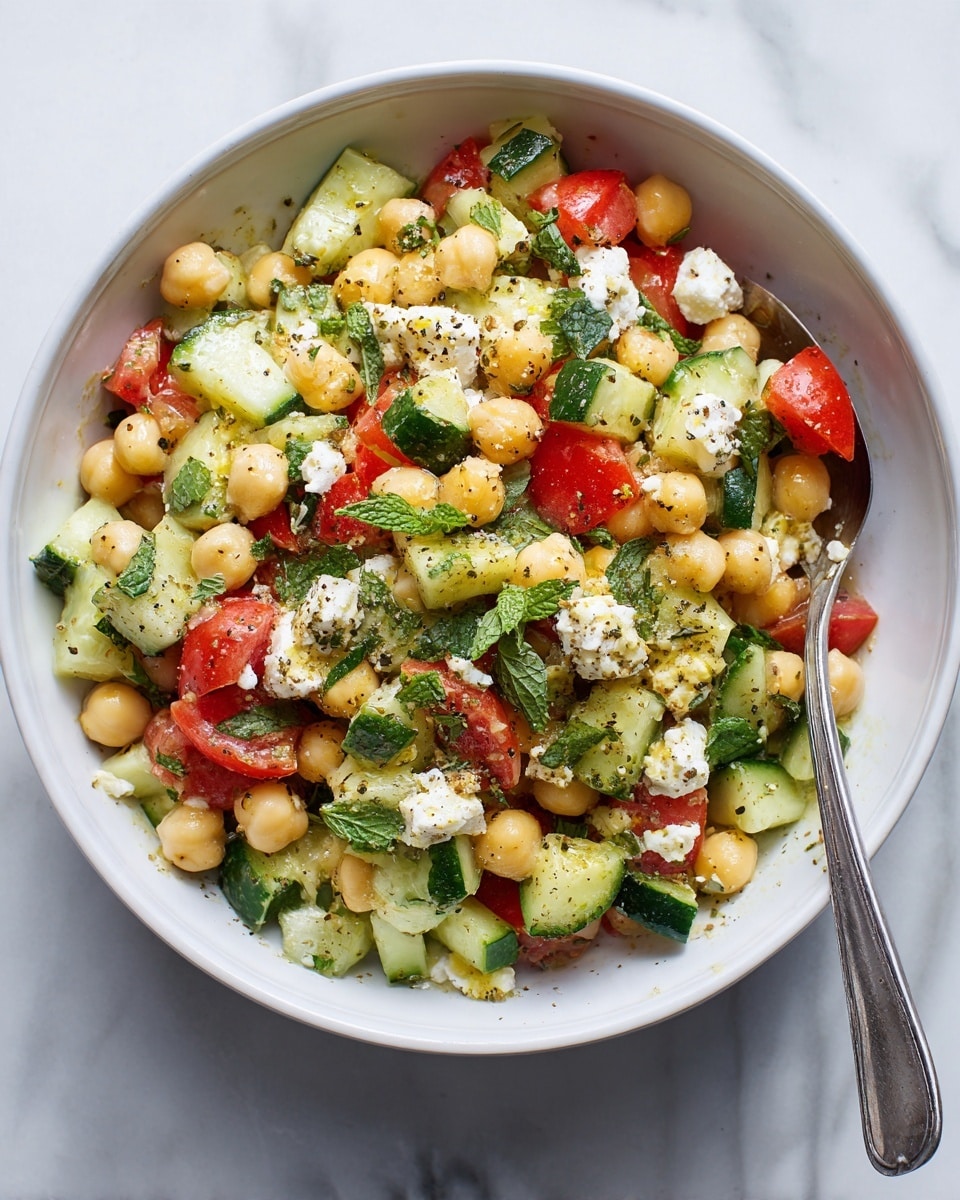 A black bowl filled with a fresh chickpea salad, showing three visible layers: the bottom layer with small chopped green herbs and diced red tomatoes, the middle layer with soft white cottage cheese mixed with chickpeas, and the top layer with whole round light yellow chickpeas scattered on top, garnished with a small sprig of bright green mint. The salad has a sprinkled layer of black pepper over it, and a silver spoon rests inside the bowl on the left. The bowl is placed on a white marbled surface with blurry green leaves and a few scattered chickpeas around. Photo taken with an iphone --ar 4:5 --v 7
