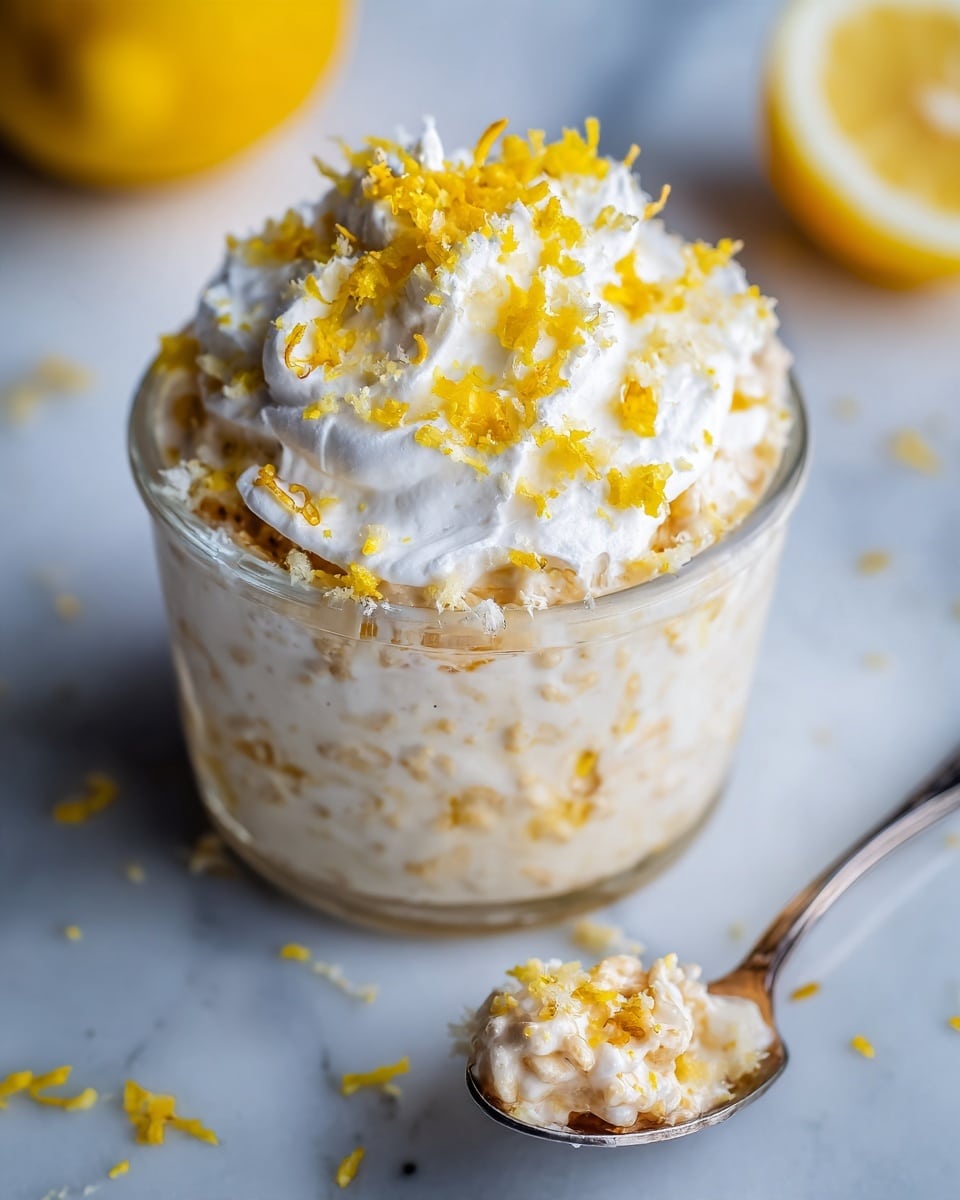 The image shows a jar filled with three visible layers of lemon cheesecake overnight oats placed on a white marbled surface. The bottom layer is a creamy pale yellow oat mixture, followed by a middle layer of smooth white cheesecake cream, topped with a fluffy white whipped cream layer sprinkled with small bright yellow lemon zest pieces. A thin slice of lemon is placed on the top edge of the jar, adding a fresh, vibrant touch. The overall look is bright and fresh, with soft textures and a clear glass container showcasing each layer clearly. photo taken with an iphone --ar 4:5 --v 7