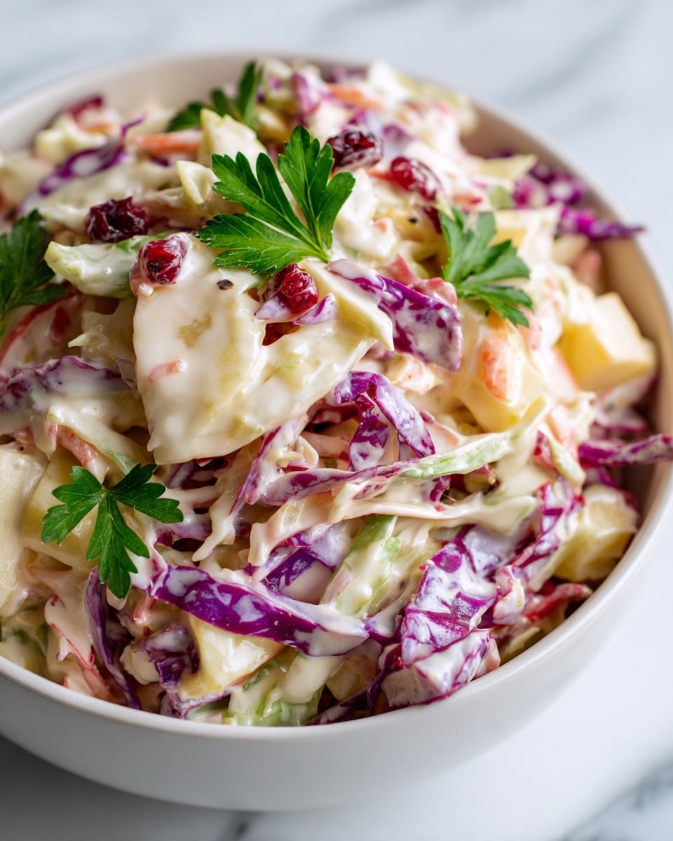 A close-up image of a creamy coleslaw in a white bowl filled with shredded green and purple cabbage, small chunks of pale yellow apple, and bright red cranberry pieces scattered throughout. The coleslaw is layered with a thick, white creamy dressing that coats all ingredients evenly. Fresh green parsley leaves are placed on top as garnish, adding a pop of color. The bowl is set against a white marbled surface, enhancing the colors of the coleslaw. photo taken with an iphone --ar 4:5 --v 7