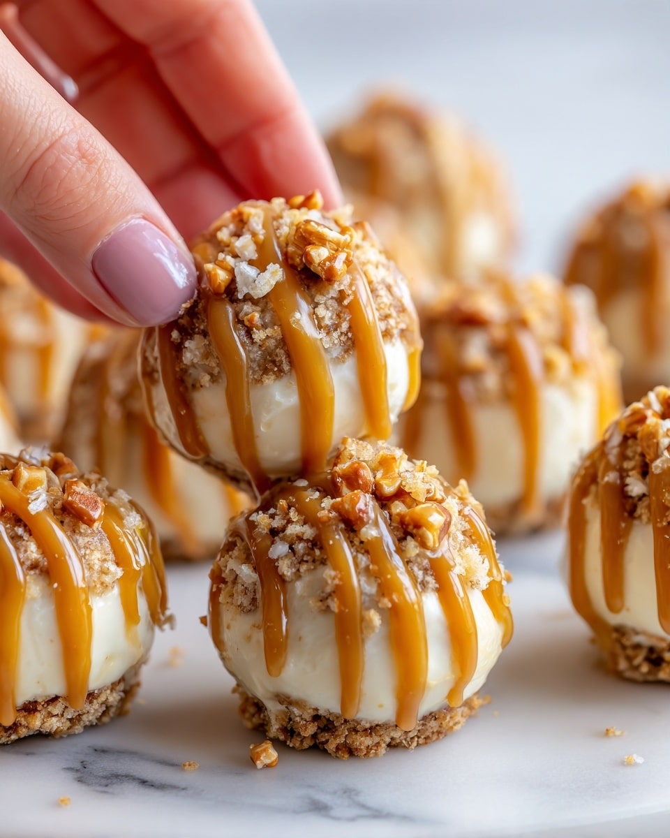 The image shows salted caramel pretzel cheesecake balls arranged closely on a white surface with a white marbled texture. Each cheesecake ball has three visible layers: the outer layer is a crunchy, light brown crushed pretzel coating, the middle layer is creamy off-white cheesecake, and the center is filled with smooth, golden caramel dripping slightly out. The balls are drizzled with caramel sauce on top, adding a shiny, rich texture. The cheesecake balls look glossy and soft inside, contrasting with the crunchy pretzel outside. The photo taken with an iphone --ar 4:5 --v 7
