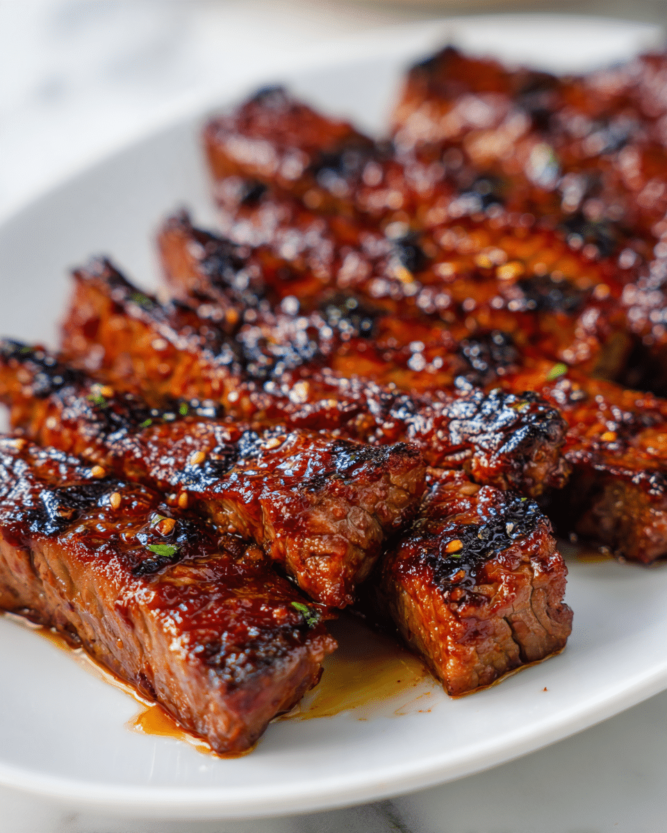 The image shows a close-up of several grilled steak strips arranged side by side on a white plate. The steak strips are thick and have a rich, dark brown color with a glossy honey glaze coating, giving them a shiny and slightly sticky look. You can see light char marks on the meat, adding texture and a sense of smokiness. The honey glaze pools slightly around the edges of the steak, enhancing the appetizing appearance. The background is a white marbled surface, creating a clean and bright setting for the dish. Photo taken with an iphone --ar 4:5 --v 7