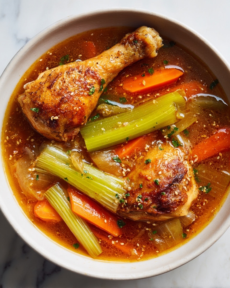 A white bowl filled with a rich stew showing two chicken drumsticks on top, surrounded by carrot pieces, celery stalks, and translucent cooked onions in a brown broth with some sesame seeds sprinkled over the dish. The different ingredients create a mix of light brown, orange, green, and pale yellow colors, resting against the white bowl on a white marbled surface. Photo taken with an iphone --ar 4:5 --v 7