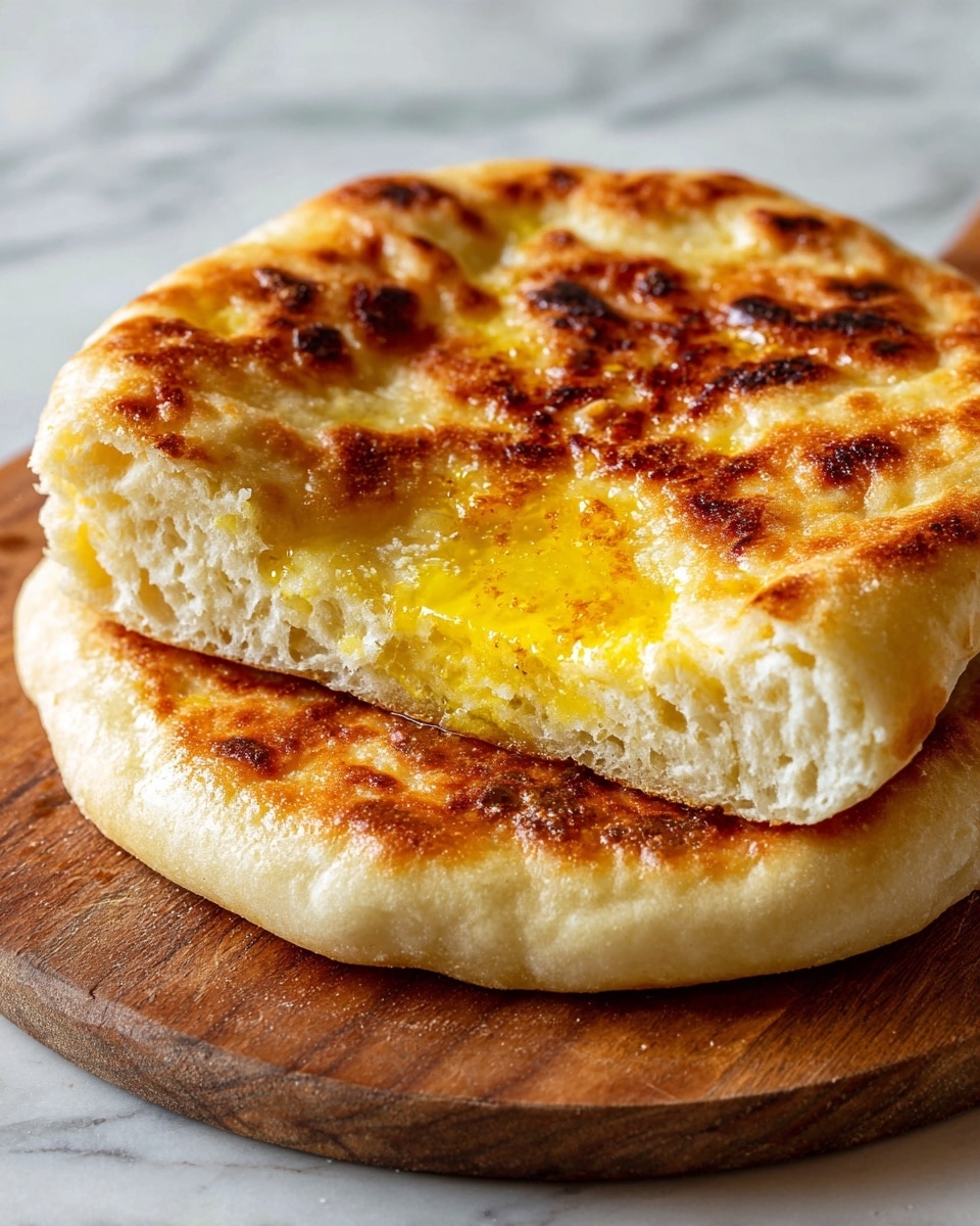 The image shows a stack of two golden brown English muffins on a wooden board, with a third English muffin split open and placed on top. The top muffin's inside is soft and fluffy with a melted pat of yellow butter in the center, slightly glossy from the heat. The muffins have a crisp, toasted outer layer with some darker toasted spots and a light dusting of flour on the edges. The scene is set against a white marbled texture surface. Photo taken with an iphone --ar 4:5 --v 7
