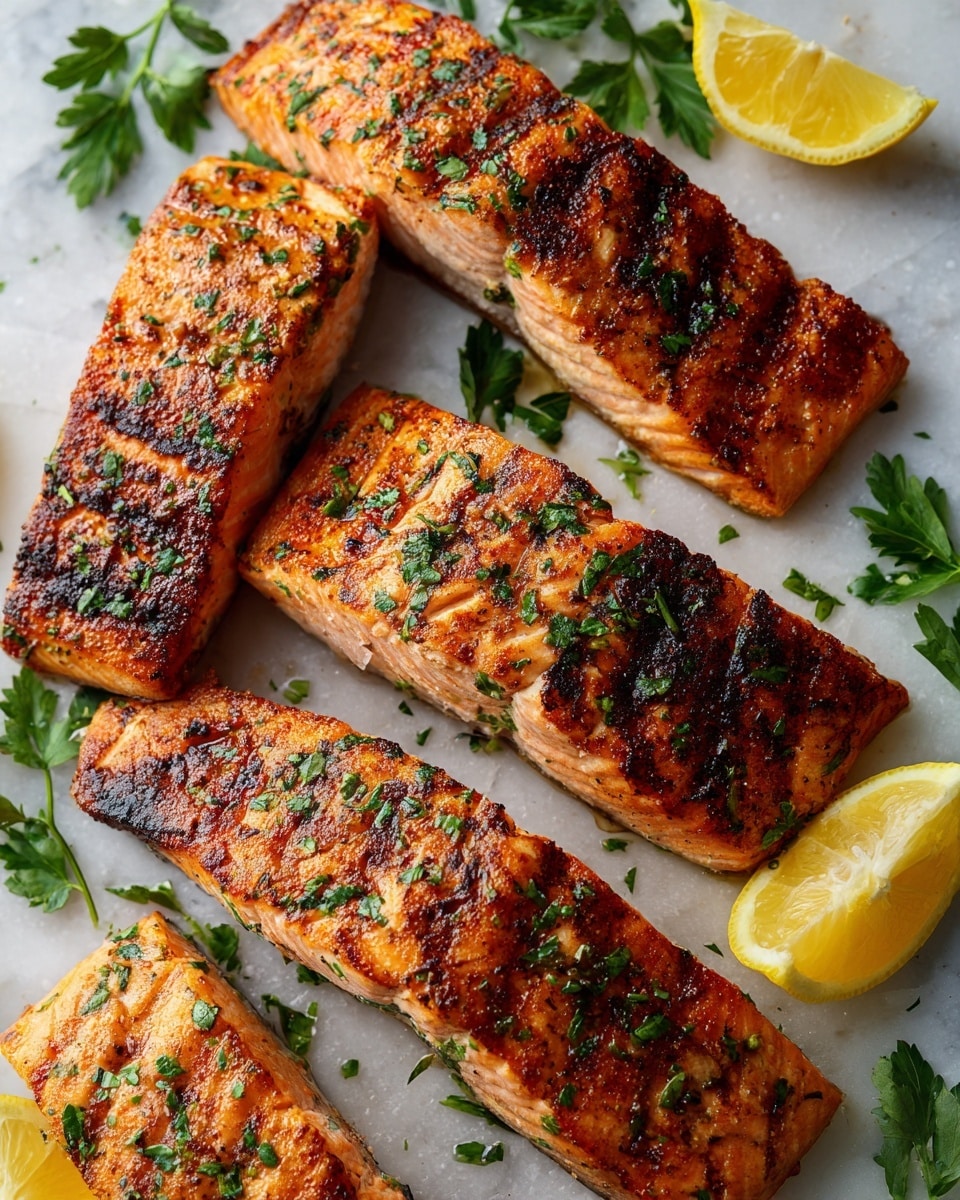 The image shows four pieces of cooked salmon fillets placed on a white marbled textured surface. The salmon pieces have a golden-brown seared outer layer with a slightly crispy texture, sprinkled with finely chopped green herbs, giving a fresh and appetizing look. Each fillet’s inner side shows a lighter pink color, indicating tenderness and juiciness. There are two lemon wedges placed near the bottom, one close to the nearest fillet and another one towards the back, adding a bright yellow contrast. Small sprigs of fresh green parsley rest beside the fillets, enhancing the visual appeal. The fillets are arranged in a slightly diagonal row, filling most of the frame. Photo taken with an iphone --ar 4:5 --v 7