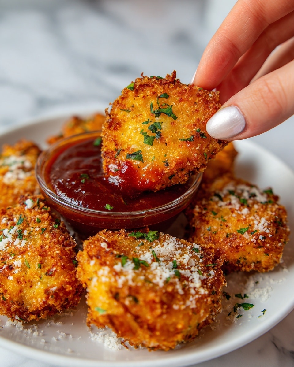 A close-up of a golden brown, crispy breaded nugget being dipped into thick, deep red sauce. The nugget has a rough texture with some green herbs and white crumbs sprinkled on its surface. Around it, several similar nuggets rest on the sauce, slightly blurred. The focus is on the nugget held between two fingers of a woman's hand, with a white marbled background softly visible. photo taken with an iphone --ar 4:5 --v 7