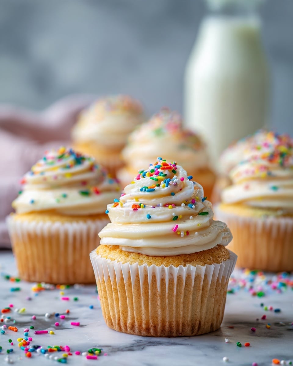 The image shows several cupcakes with a light brown base in white paper liners, topped with a thick layer of smooth, light-colored frosting fully covered in small colorful round sprinkles. The cupcakes sit on a white marbled surface scattered with more sprinkles. In the background, there is a blurred glass bottle and a glass of milk. The photo has soft natural lighting and a close-up focus on the nearest cupcake, making it look very appetizing and bright. photo taken with an iphone --ar 4:5 --v 7