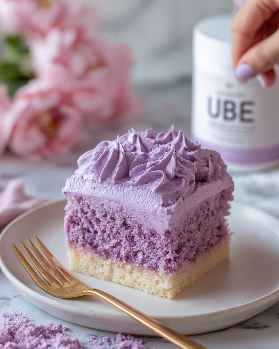 A single square piece of purple cake sits on a white plate with a pink floral edge, showing two visible layers: a thick, moist, light purple bottom cake layer and a generous fluffy, smooth, darker purple frosting layer on top. The frosting looks creamy with some texture from the spreading. The background shows a white marbled surface with soft pink cloth and a blurred container of ube flavor nearby. A gold fork lies beside the plate, and a blurry woman's hand holds the plate from the side. Photo taken with an iphone --ar 4:5 --v 7