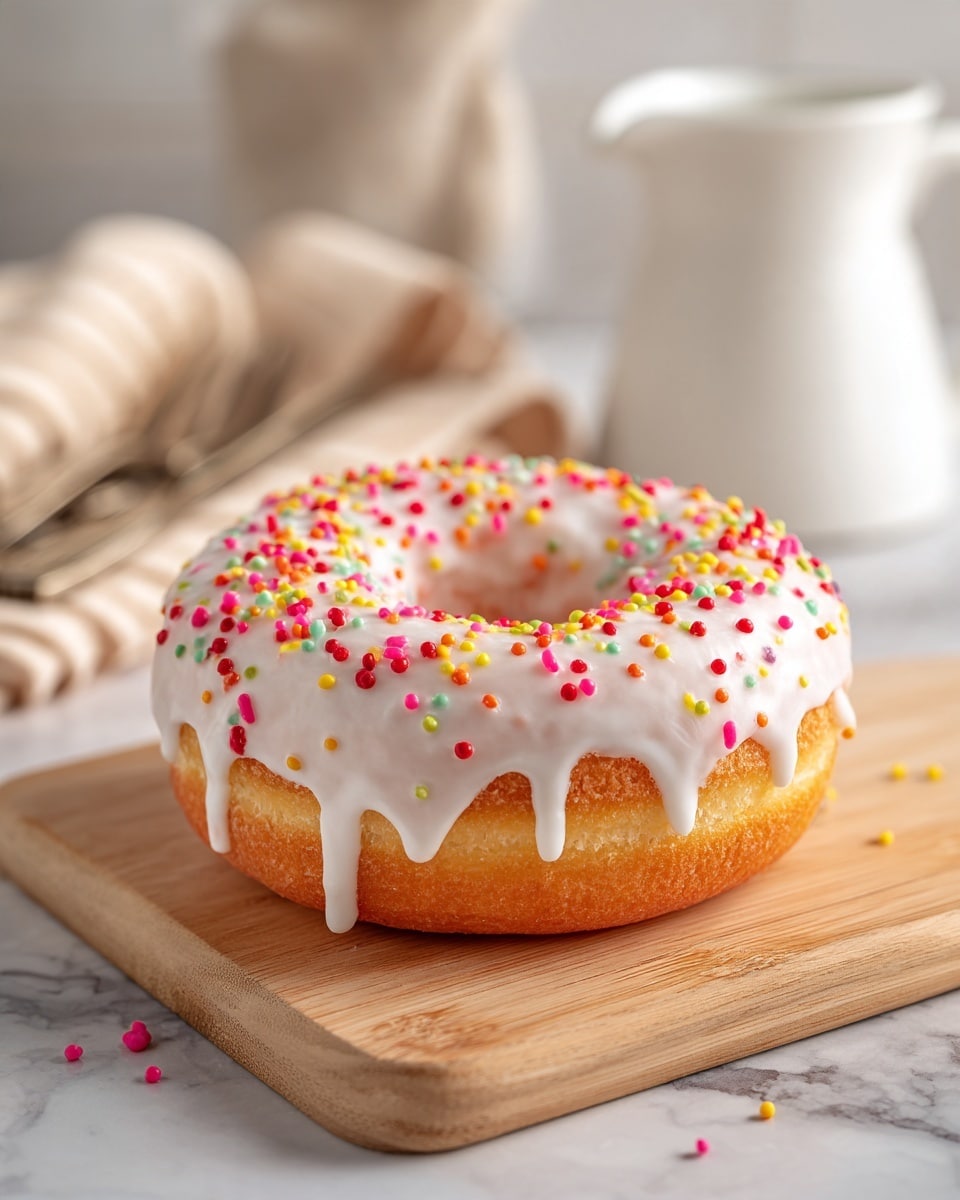 A single round donut sits on a light wooden board, with a smooth, golden-brown fried dough base. It is covered with thick white icing that drips slightly down the edges. On top of the icing, there is a generous layer of colorful round sprinkles in shades of pink, blue, yellow, orange, and white, creating a vibrant and playful look. The background shows a blurred white jug and some silver cutlery resting on white plates on a white marbled textured surface. Photo taken with an iphone --ar 4:5 --v 7
