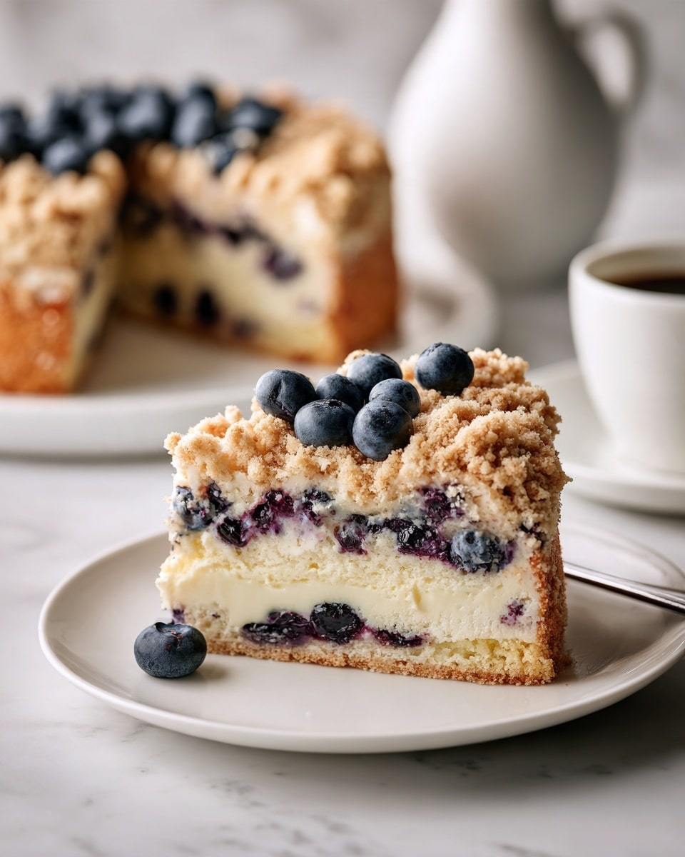 A slice of blueberry crumb cake sits on a white plate against a white marbled surface. The cake has three visible layers: a moist, light golden brown crumb cake base with dark purple blueberries mixed inside, a middle section filled with more juicy, whole blueberries that create purple patches, and a crumbly, golden-tan streusel topping with scattered blueberries adding texture and color on top. The crumb topping looks crisp and crumbly, contrasting with the soft inside. In the background, the larger whole cake is on a white plate, showing the same golden outer crust and crumb topping. Photo taken with an iphone --ar 4:5 --v 7