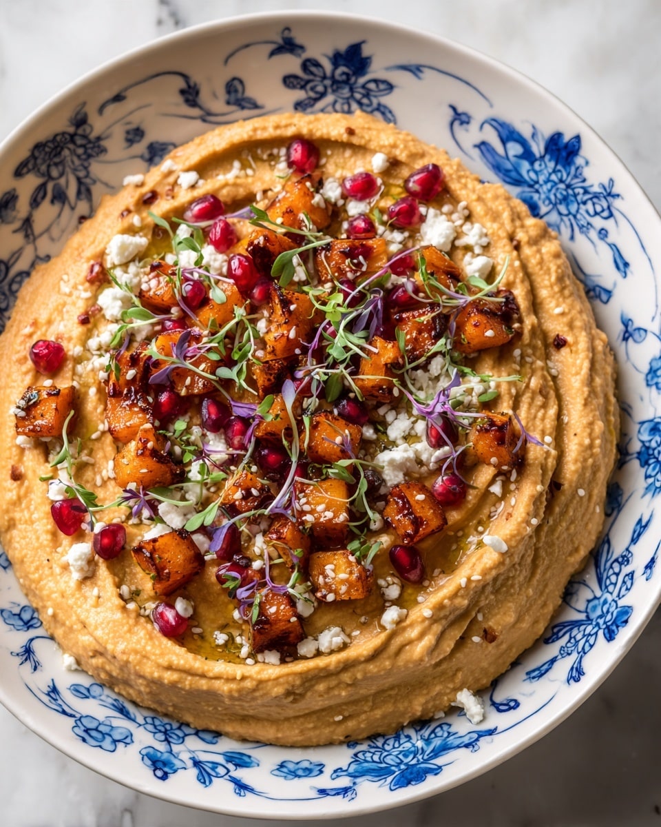 A white bowl with blue flower patterns contains a thick layer of smooth, orange hummus spread in a spiral shape, forming two visible rings with a dense center. On top, there are small cubes of roasted orange squash with a lightly caramelized texture, scattered bright red pomegranate seeds, small white crumbles of feta cheese, light brown toasted sesame seeds, and fresh green and purple microgreens providing color contrast. The background surface is a white marbled texture. photo taken with an iphone --ar 4:5 --v 7