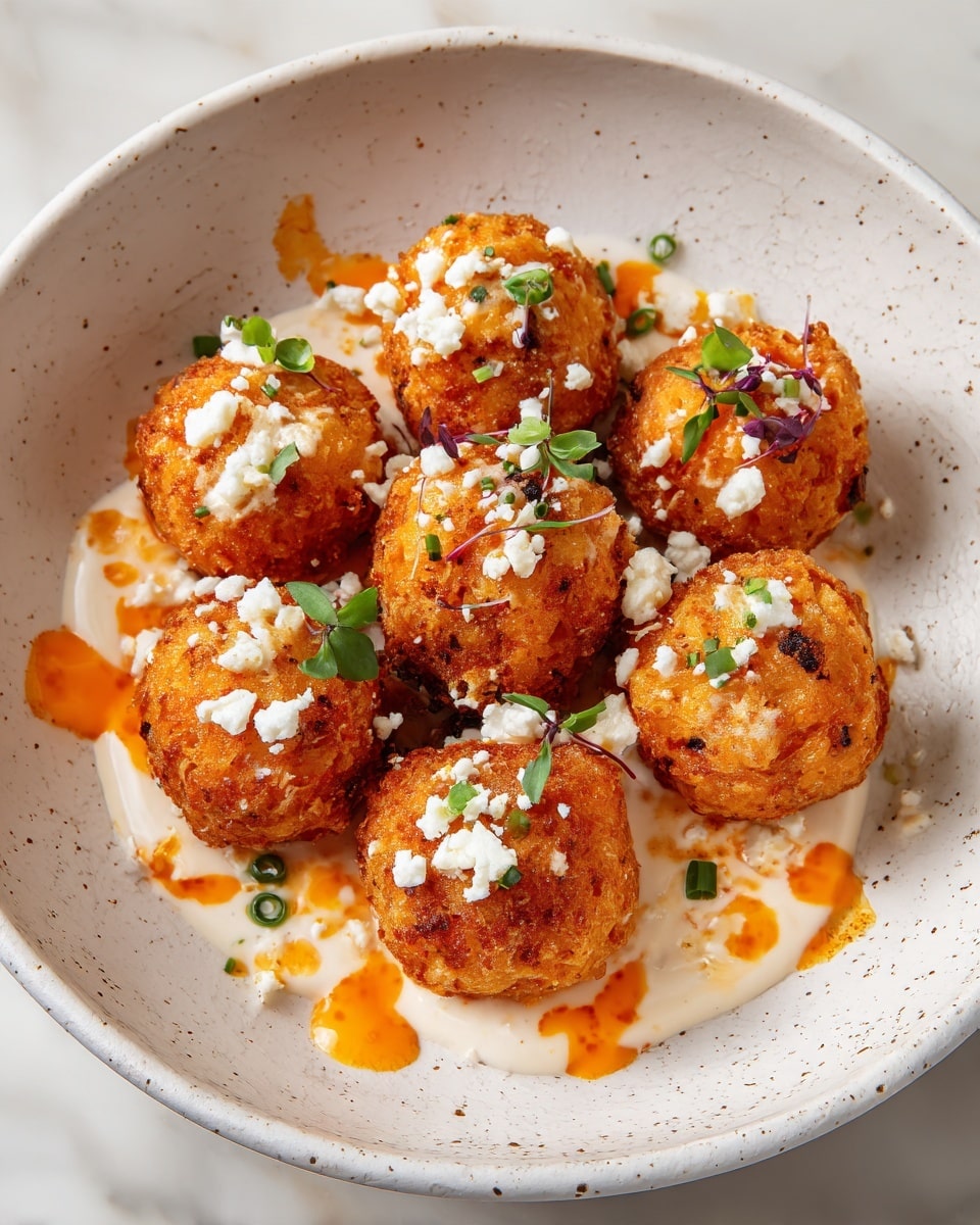 A white speckled bowl holds about fifteen round, orange-brown fried balls with a crispy texture. Each ball is drizzled with two sauces—one creamy white and the other bright orange. The balls are sprinkled with small green chives and crumbled white cheese. Small green herb sprigs add freshness, and drops of sauce spread slightly on the white marbled surface below. Photo taken with an iphone --ar 4:5 --v 7