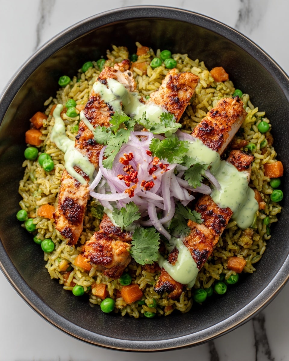 A round black pan holds a colorful dish with three grilled chicken thighs on top of a bed of green rice mixed with bright orange carrot cubes and green peas. Each chicken thigh is golden-brown with a crispy, slightly charred skin, and they are drizzled with a light green creamy sauce. In the center, there is a small pile of thinly sliced pale purple onions sprinkled with red chili flakes and fresh green cilantro leaves. The overall look is vibrant and fresh with a mix of textures. The background is a white marbled surface. photo taken with an iphone --ar 4:5 --v 7