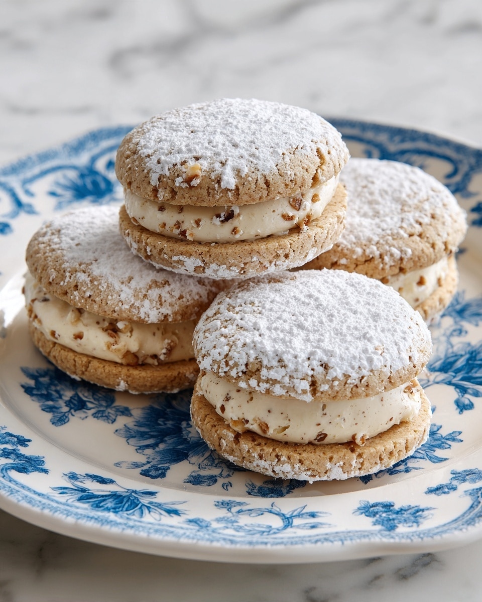 The image shows four light beige macaron-like sandwiches on a white plate with blue floral patterns, set on a white marbled texture. Each sandwich has two large, cracked, slightly rough cookies with a dusting of powdered sugar on top and a thick layer of creamy beige filling with small thin orange specks between them. The cookies have a soft and airy texture with visible cracks and a subtle shine. The filling looks smooth and rich, evenly spread and slightly rounded. Photo taken with an iphone --ar 4:5 --v 7