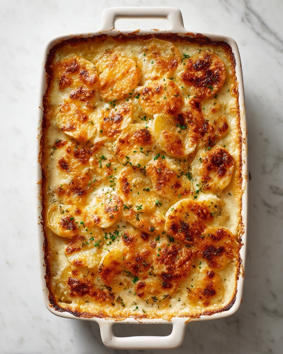 A white baking dish filled with a creamy potato gratin that shows about three layers of thinly sliced potatoes submerged in a rich, smooth white sauce. The top layer is covered with melted cheese that is golden yellow with dark brown spots where it has bubbled and crisped, giving a textured and appetizing surface. The dish is sprinkled with small bits of green herbs on top, adding a fresh contrast to the warm colors of the cheese. The edges of the gratin are slightly browned and caramelized, showing a rustic baked finish. The dish rests on a white marbled surface. photo taken with an iphone --ar 4:5 --v 7
