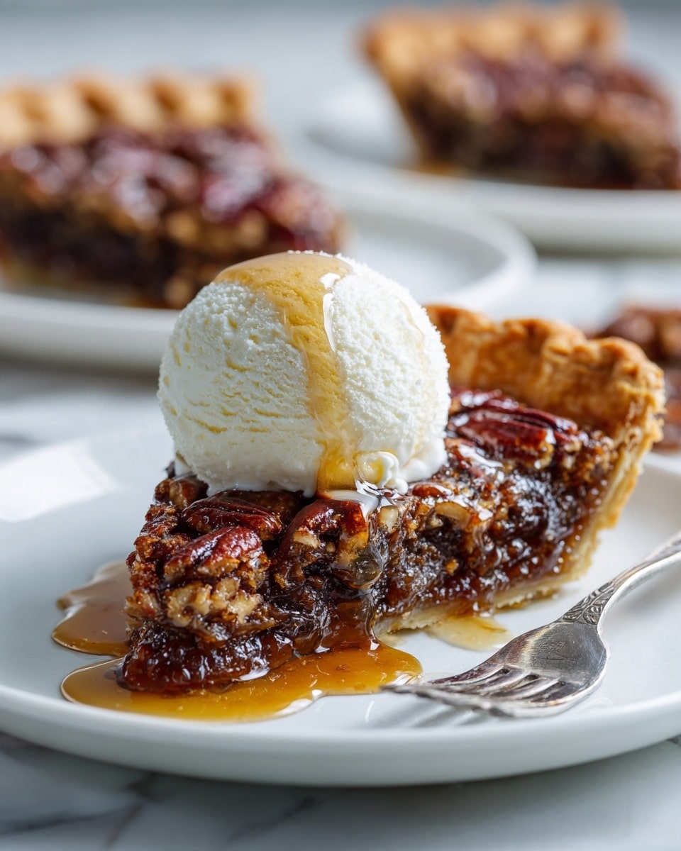 A single slice of pecan pie with a golden brown crust sits on a white plate, topped with a scoop of smooth, creamy vanilla ice cream that is slightly melting and shiny with syrup. The pie filling is rich and glossy, showing visible pieces of pecans mixed in the thick syrupy layer, with syrup spilling onto the plate. A silver fork rests on the edge of the plate, and the background features a white marbled texture. photo taken with an iphone --ar 4:5 --v 7
