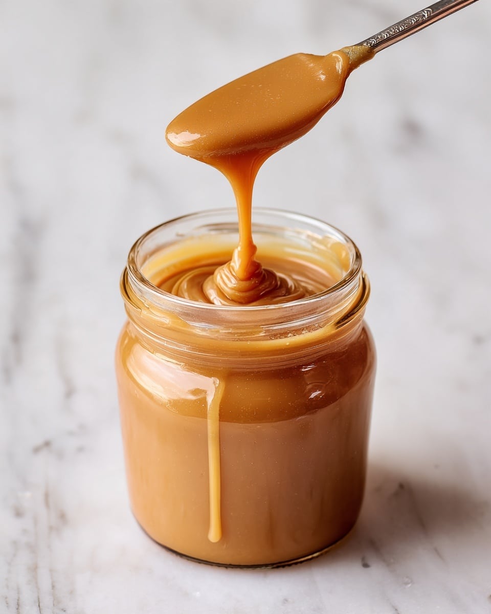 A close-up shot of a clear glass jar filled with smooth, thick, rich yellow caramel sauce. A metal knife is dipped into the jar, lifting a generous scoop of the glossy, creamy caramel that has a slightly shiny surface and thick texture, with a few small drips hanging from the knife. The jar sits on a white marbled textured surface with part of a white cloth with subtle black stripes visible in the corner. photo taken with an iphone --ar 4:5 --v 7