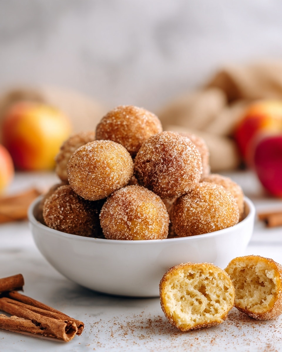 A white bowl is filled with a pyramid of small round donuts, each covered in a golden-brown cinnamon sugar coating that sparkles slightly in the light. The donuts have a rough texture from the sugar and appear soft and fluffy. Around the bowl are cinnamon sticks and a couple of donuts, one of which is cut open to show a gooey, creamy inside that glistens warmly. In the blurred background, there are a few apples adding a touch of color and a cozy kitchen atmosphere, all set on a white marbled surface. photo taken with an iphone --ar 4:5 --v 7