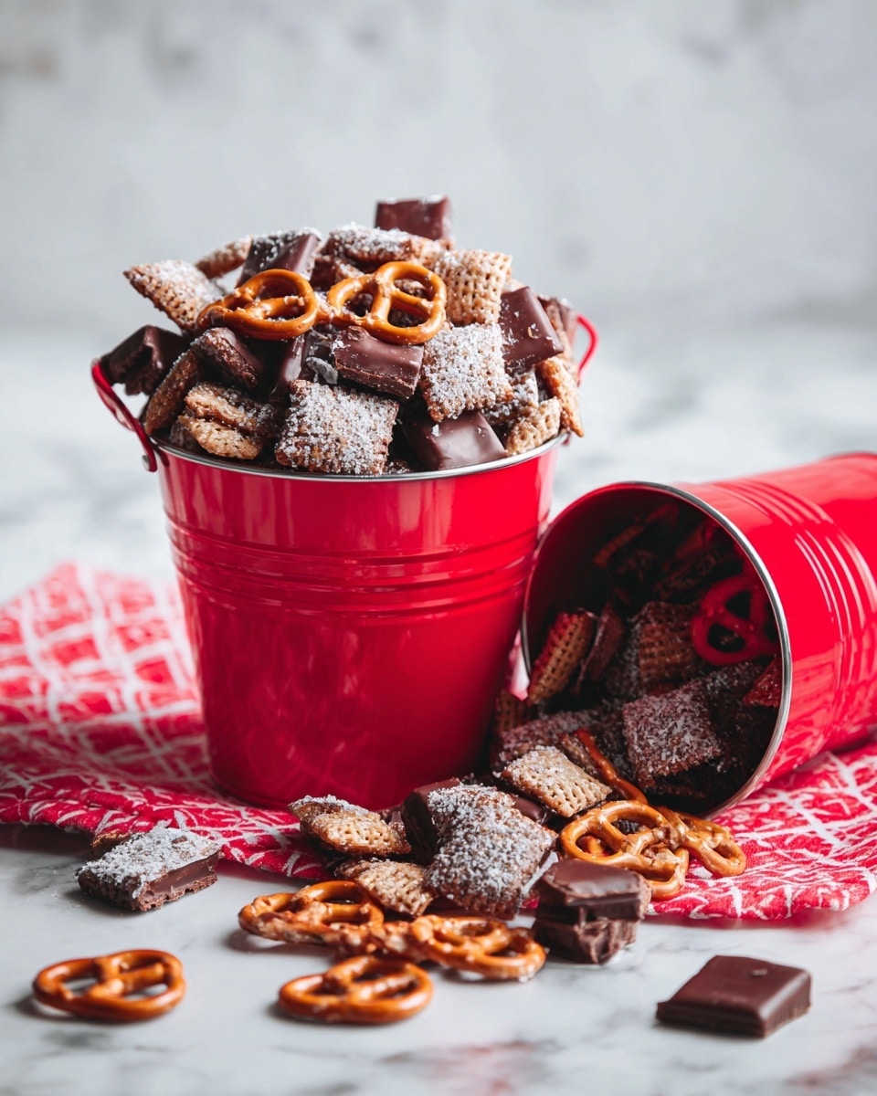 Two small red metal buckets filled with snack mix sit on a white marbled surface over a red and white patterned cloth. The snack mix layers include light tan pretzels with a smooth surface, chocolate-covered pieces with a darker brown color, and powdered sugar-coated crunchy bits in light grayish white. One bucket is upright and full to the brim, showing the mix piled high above the edge with visible peanut butter cup chocolates, while the other bucket lies on its side with the mix spilling out onto the cloth and surface. The scene is bright and clean with a festive feel. photo taken with an iphone --ar 4:5 --v 7