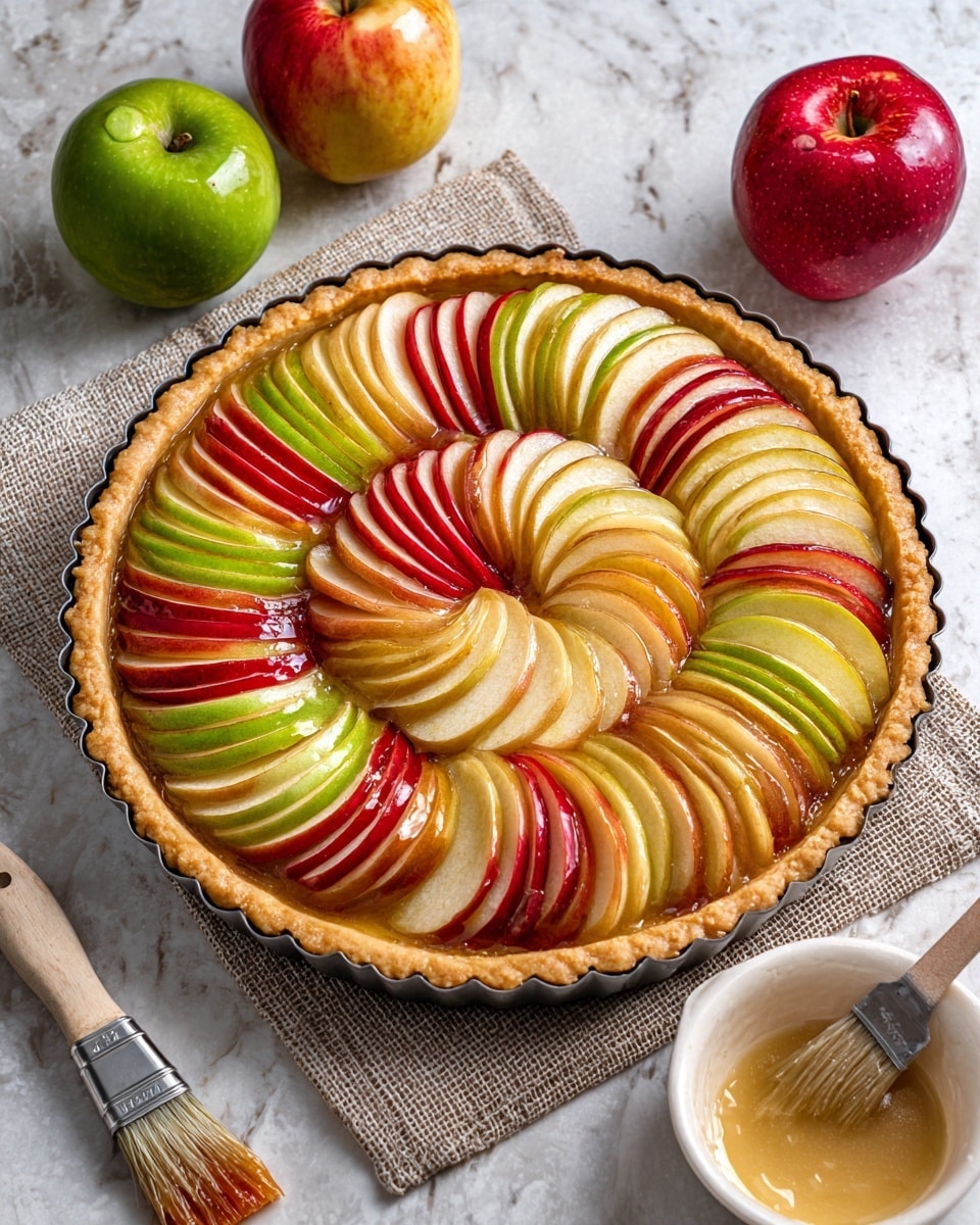 A round apple tart sits on a round woven mat, placed on a white marbled surface. The tart has one visible layer, with thinly sliced apples arranged in a circular pattern, overlapping each other like petals in shades of red, green, and yellow with a glossy shiny glaze. The tart crust is golden brown and crimped around the edges, holding the vibrant apple slices inside. In the background, there are whole red and green apples, a folded gray cloth, and cinnamon sticks on a white plate, with a small white bowl containing a brush dipped in a caramel-colored glaze beside the tart. Photo taken with an iphone --ar 4:5 --v 7