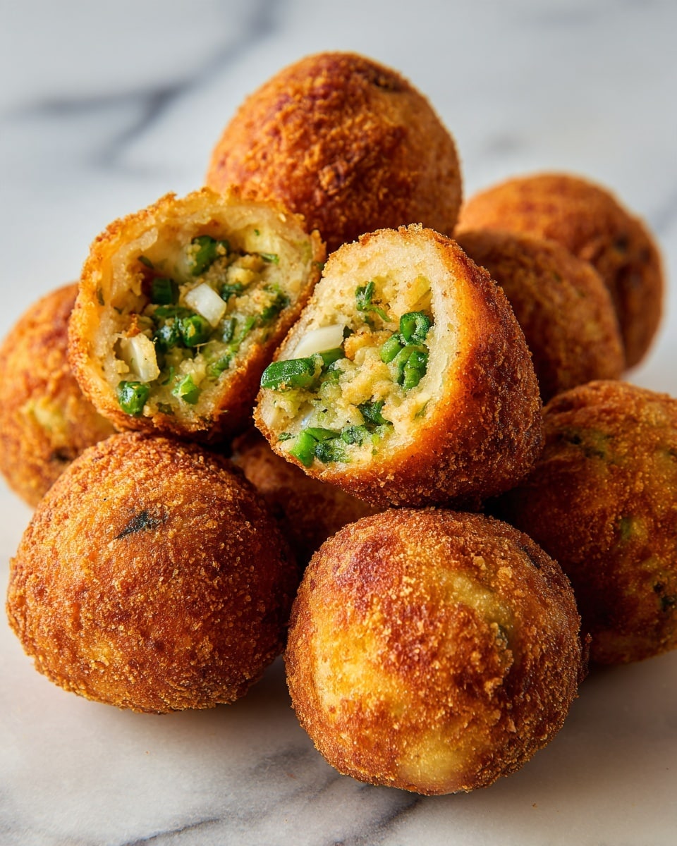The image shows several round fried snacks placed close together on a white marbled surface. Each snack is golden brown and crispy on the outside with a rough texture. Some of the snacks are cut in half, revealing bright green chopped filling inside, mixed with small pieces of softer light beige or off-white bits. The snacks have a crunchy outside layer and a moist, chunky inside filling. The photo taken with an iphone --ar 4:5 --v 7