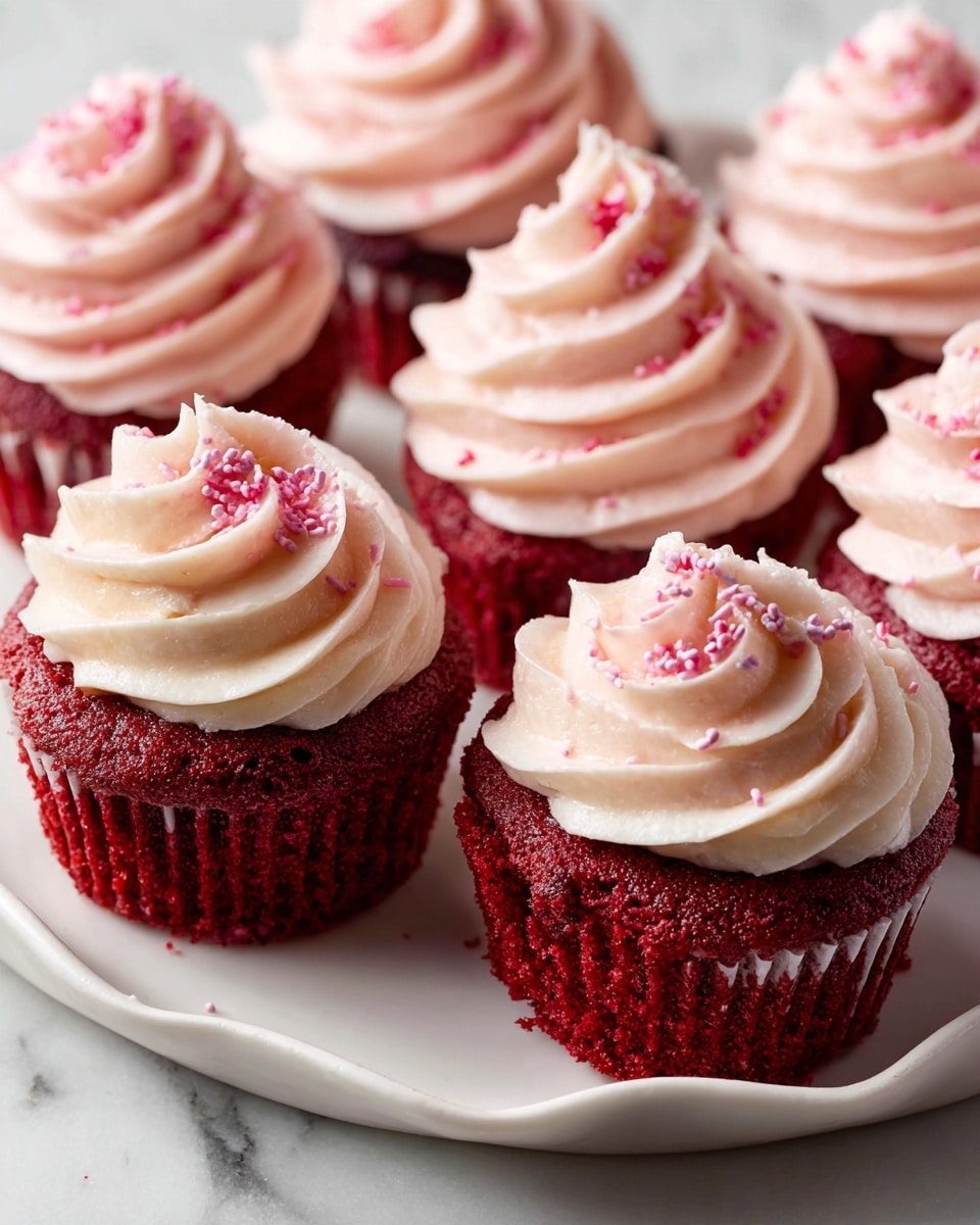 A close-up view of seven red velvet cupcakes placed on a white plate with soft, curved edges, set on a white marbled surface. Each cupcake has a rich red base layer with a moist texture and is topped with a thick swirl of pale pink cream frosting, smooth and glossy, with some small pink sprinkles on top. The frosting is tall and has a spiral shape that finishes in a peak. The lighting highlights the creamy texture of the frosting and the soft crumb of the cupcakes. photo taken with an iphone --ar 4:5 --v 7