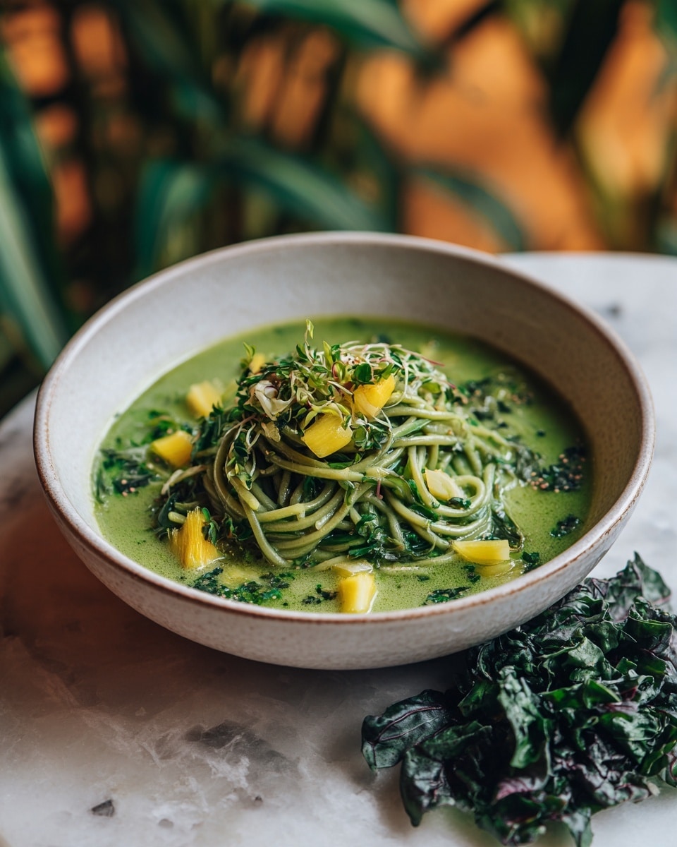 A white bowl is filled with bright green noodles submerged in a matching light green broth, creating a smooth and glossy texture. On top, there is a layer of small, vibrant yellow-orange chunks of fruit, likely mango, arranged neatly in the center. To one side, fresh green leafy herbs add a rough, natural texture and deeper green color contrast. The bowl sits on a white marbled surface with soft, natural light coming from the background, giving the dish a fresh and inviting look. Photo taken with an iphone --ar 4:5 --v 7