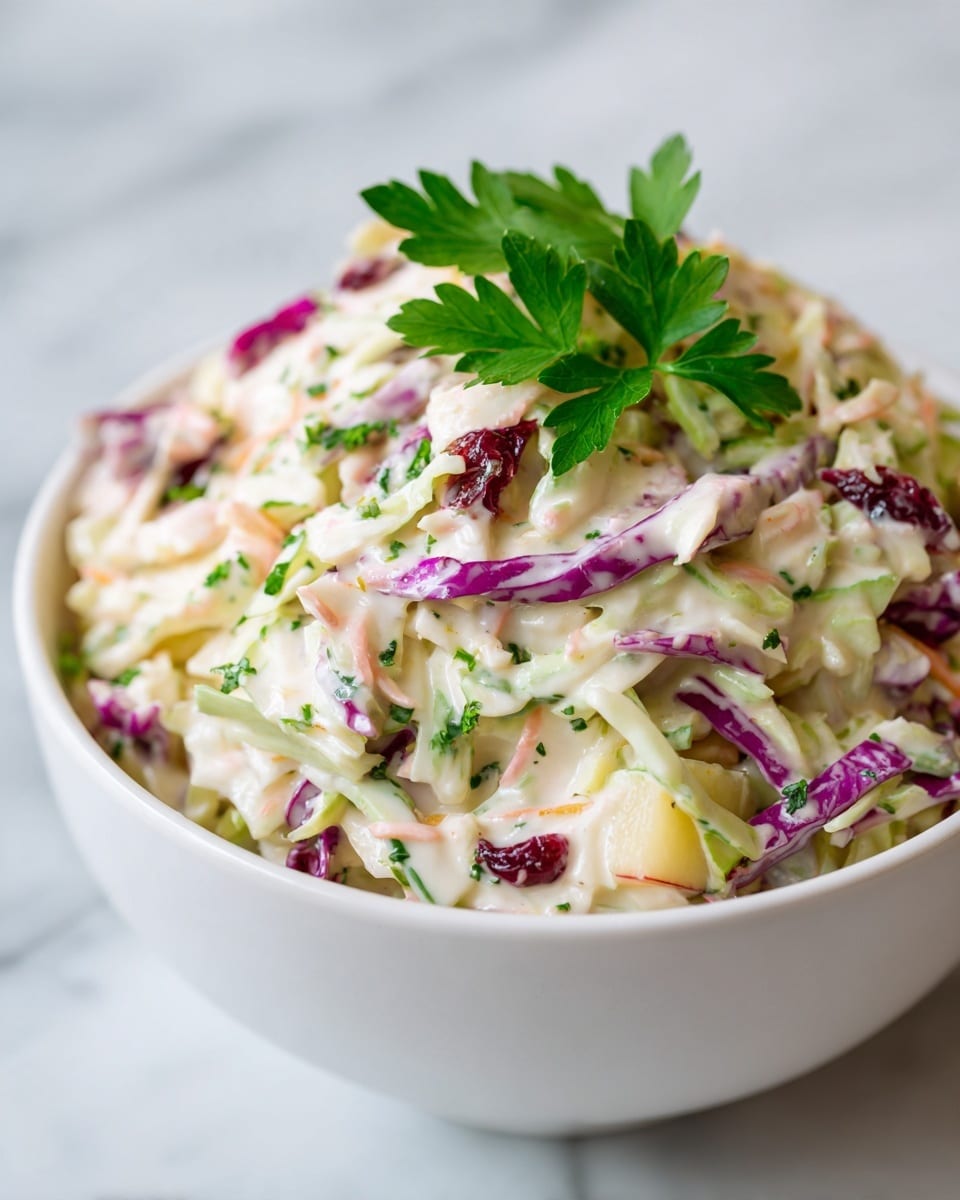 The image shows a close-up of a coleslaw salad in a white bowl, placed on a white marbled surface. The coleslaw has multiple layers and colors: shredded light green cabbage forms the base, mixed with thin strips of deep purple cabbage and small pieces of pale yellow apple. Scattered bright red dried cranberries add color contrast while fresh green parsley leaves are sprinkled on top for decoration. The coleslaw looks creamy with a light dressing that makes the ingredients glossy. Photo taken with an iphone --ar 4:5 --v 7