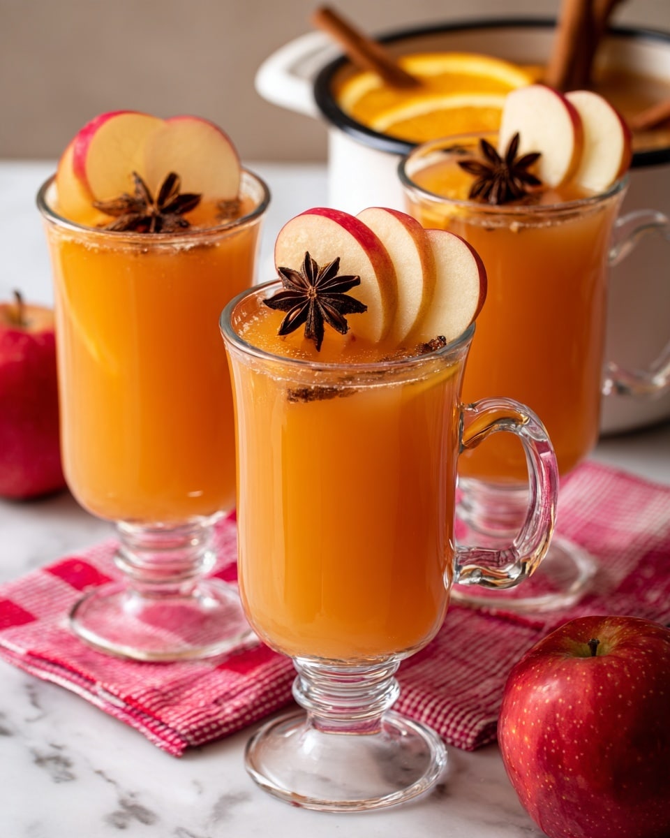 Three clear glass mugs filled with warm amber-colored drink are visible on a white marbled surface. Each mug contains thin slices of bright orange and red apple floating near the top, along with a dark brown star anise for decoration. In the background, part of a black pot with thick white rim holds more of the drink, revealing cinnamon sticks and apple pieces inside. A whole red apple and a red-and-white checkered cloth add color and texture to the scene. photo taken with an iphone --ar 4:5 --v 7