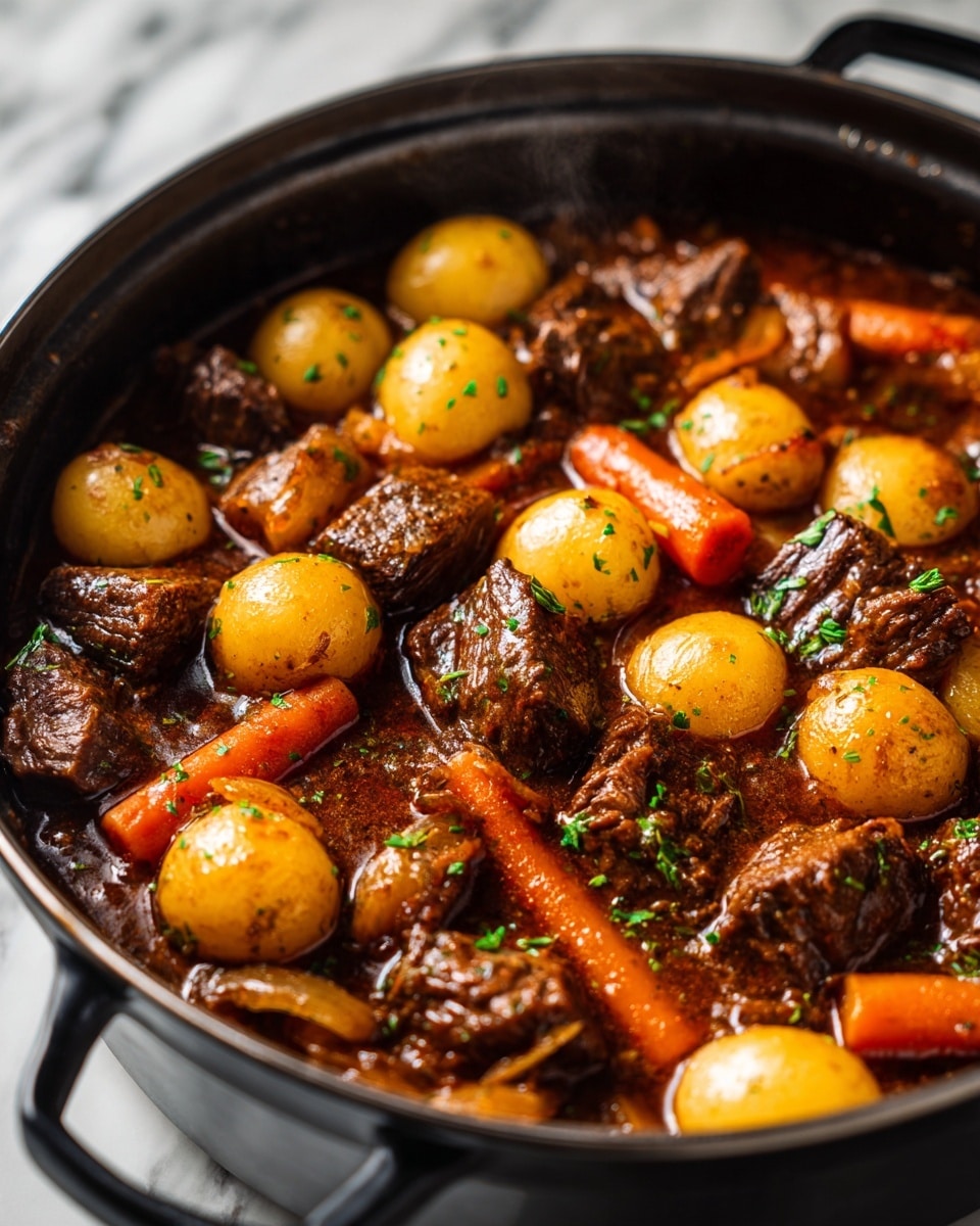 A close-up view of a stew in a black pot filled with large chunks of brown cooked beef, bright yellow whole baby potatoes, thick orange carrots, and small golden onions, all covered in a rich dark brown sauce. The vegetables and meat pieces are layered evenly, creating a hearty, rustic look with glossy textures and slight steam rising from the pot. The background is a white marbled surface. photo taken with an iphone --ar 4:5 --v 7