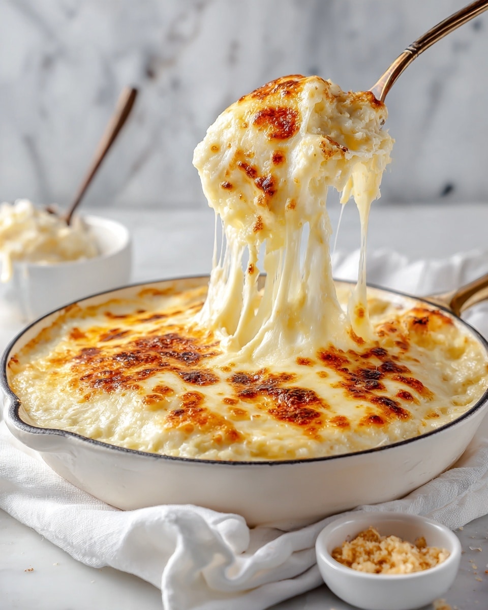 The image shows a white skillet filled with a baked dish that has one thick layer of melted golden cheese covering the top with bubbly, slightly browned spots. A spoon lifts a portion, revealing stretchy, gooey cheese strands connecting the scoop to the rest of the dish. The texture looks creamy with a smooth, cheesy top layer. The skillet rests on a white napkin over a white marbled surface, with a small white bowl of crumbs or topping placed nearby at the bottom right. Photo taken with an iphone --ar 4:5 --v 7