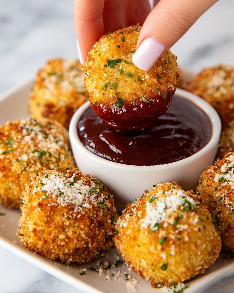 A close-up view shows a golden-brown, crispy breaded nugget being dipped into a thick, smooth dark red sauce. The nugget is coated with light breadcrumbs and small green herb flakes, creating a textured look. Around the nugget in focus, several more nuggets with the same golden crispiness and herb bits rest on a white plate topped with a small amount of white dry cheese powder. A woman's hand gently pinches the nugget from the top, with short nails visible in the shot. The background has a soft white marbled texture, keeping the focus on the warm, tasty food. photo taken with an iphone --ar 4:5 --v 7