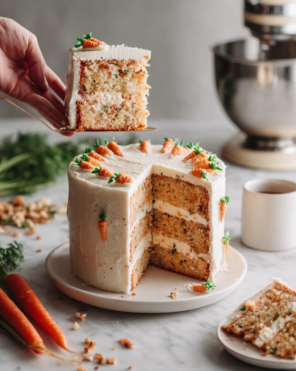 A tall cake with three visible layers of light brown cake filled with creamy white frosting with small, dark specks inside. The outside is covered smoothly with white frosting decorated evenly with small, carved carrot shapes and tiny green leaves. A slice is being lifted by a woman's hand, showing the soft texture and even layers inside. The cake sits on a simple white plate placed on a white marbled surface. Nearby are whole small carrots and some chopped bits, with a white cup and a silver mixer blurred in the background. The photo taken with an iphone --ar 4:5 --v 7