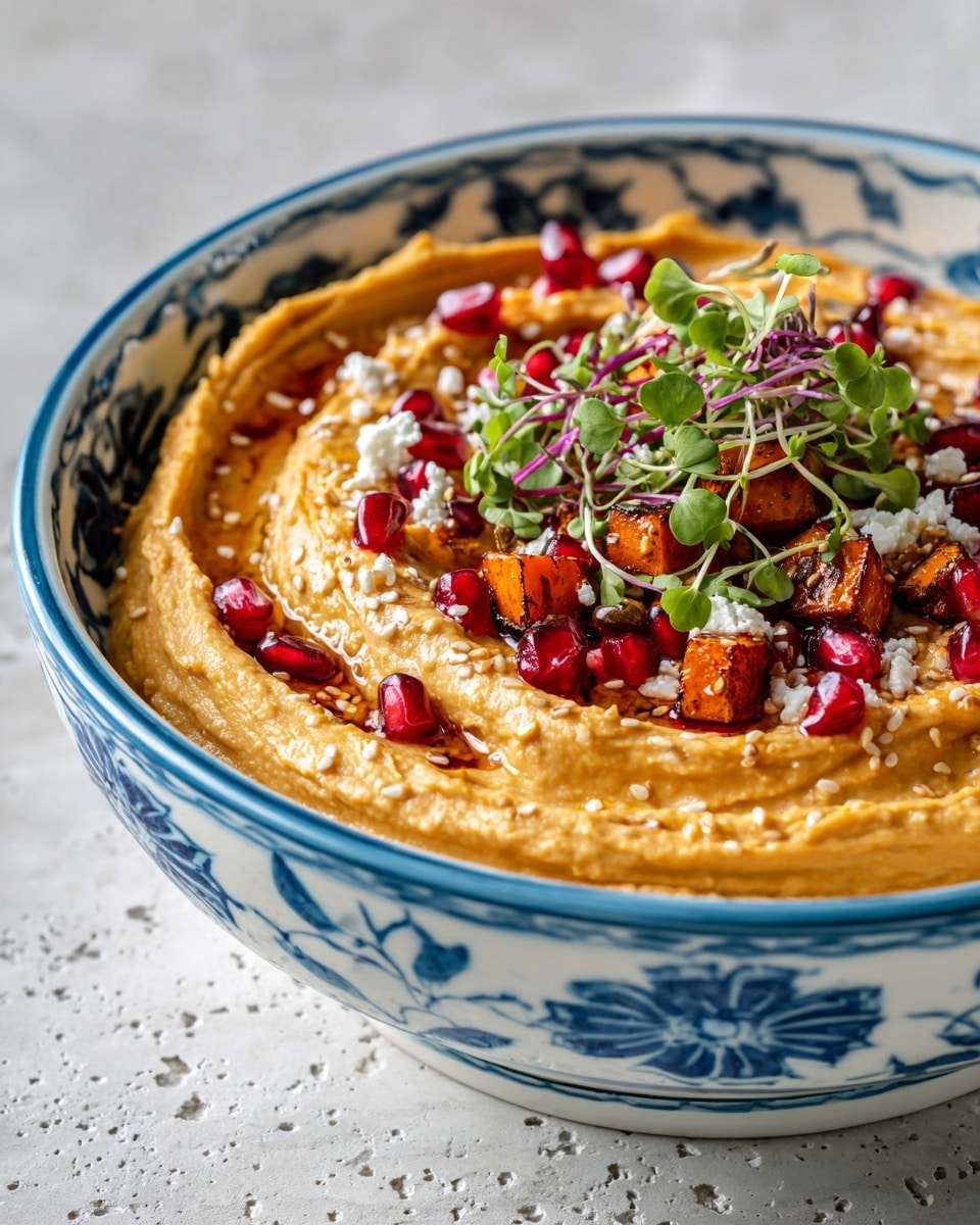 A white bowl with blue floral patterns holds a creamy orange hummus base that is spread in three thick swirled layers, creating a textured and smooth surface. On top, there are small caramelized orange roasted cubes, bright red pomegranate seeds scattered evenly, and white crumbled cheese sprinkled throughout. Delicate green and purple microgreens are placed in clusters, adding fresh color contrast. The dish is finished with a light sprinkle of toasted sesame seeds on the surface. The bowl rests on a white marbled textured background. photo taken with an iphone --ar 4:5 --v 7