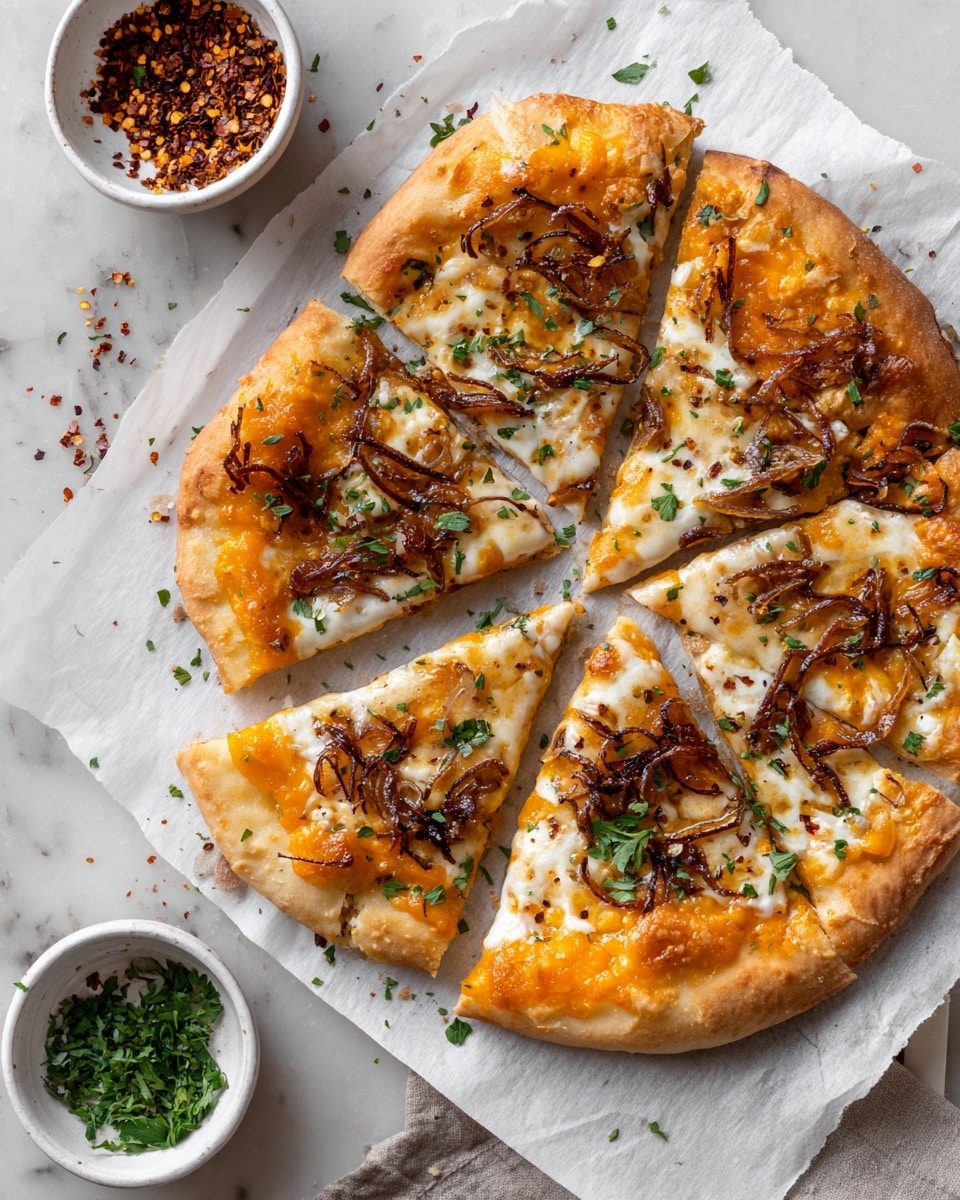A round pizza cut into six slices sits on light brown parchment paper over a white marbled surface. The pizza has a golden crust with a soft, slightly bubbly texture. The base layer is a bright orange sauce spread evenly across the dough, topped with a melting layer of creamy, light yellow cheese. Thin slices of caramelized onions, golden and slightly browned, are scattered on top with small green herb bits sprinkled across the pizza for garnish. To the side, there are two small white bowls; one filled with chopped green herbs and the other with crushed red pepper flakes, adding texture and color contrast to the scene. Photo taken with an iphone --ar 4:5 --v 7