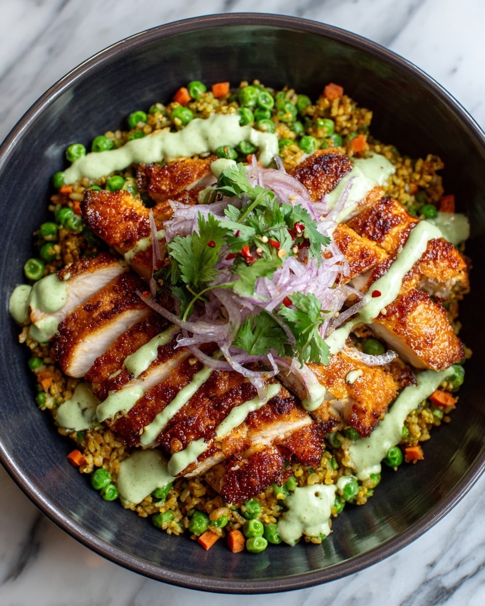 The dish features a base layer of green rice mixed with bright green peas and small orange carrot cubes, filling a dark round pan. On top, three pieces of golden brown, crispy grilled chicken are placed evenly. A light green creamy sauce is drizzled over the chicken, adding a smooth texture. In the center, there is a small mound of thinly sliced light purple onions with fresh green cilantro leaves sprinkled over, and some red chili flakes scattered on the onions for color contrast. The setting is on a white marbled surface. photo taken with an iphone --ar 4:5 --v 7