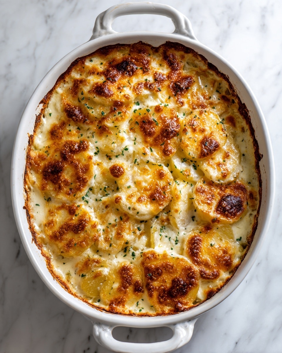 This image shows a baked dish of scalloped potatoes in a white ceramic baking dish with handles at the sides. The dish has multiple layers of sliced potatoes visible at the edges, with a thick golden-brown cheese layer on top that is bubbly and browned in spots. The cheese topping has a rich, slightly crispy texture with some darker areas from baking, and is sprinkled lightly with green herbs. The creamy sauce peeks out near the edges under the cheese and potato layers. The baking dish rests on a white marbled textured surface. photo taken with an iphone --ar 4:5 --v 7