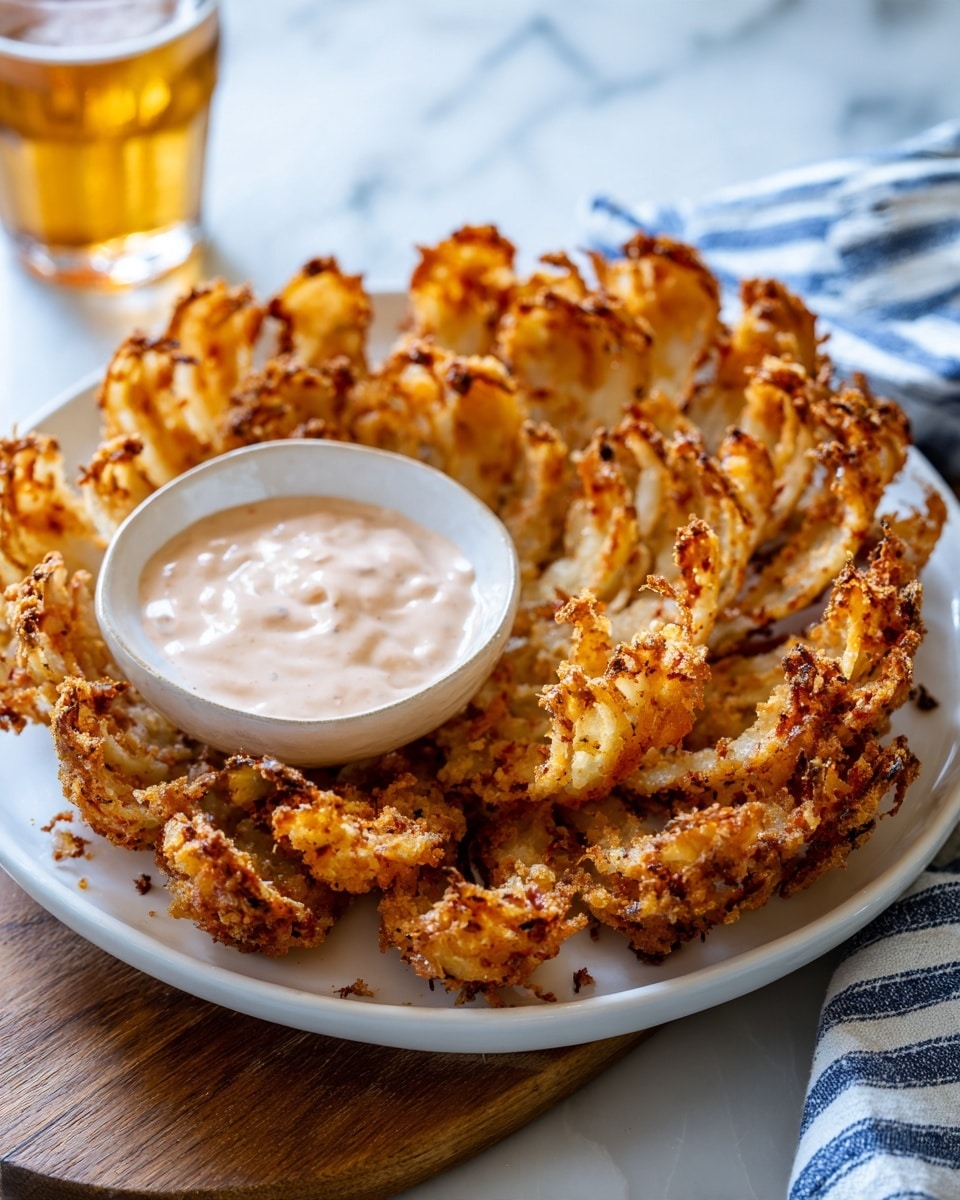 A large white plate holds a crispy blooming onion with many petal-like layers fanned out in a circular pattern, each layer golden brown with a crunchy texture and some darker fried edges. Next to the onion, there is a small white bowl filled with creamy, light pink dipping sauce, with one onion petal dipped in it. The plate and bowl sit on a wooden board, all placed on a white marbled surface, and a glass with a golden drink is partially visible in the top left corner. A blue and white striped cloth is seen on the right side. photo taken with an iphone --ar 4:5 --v 7