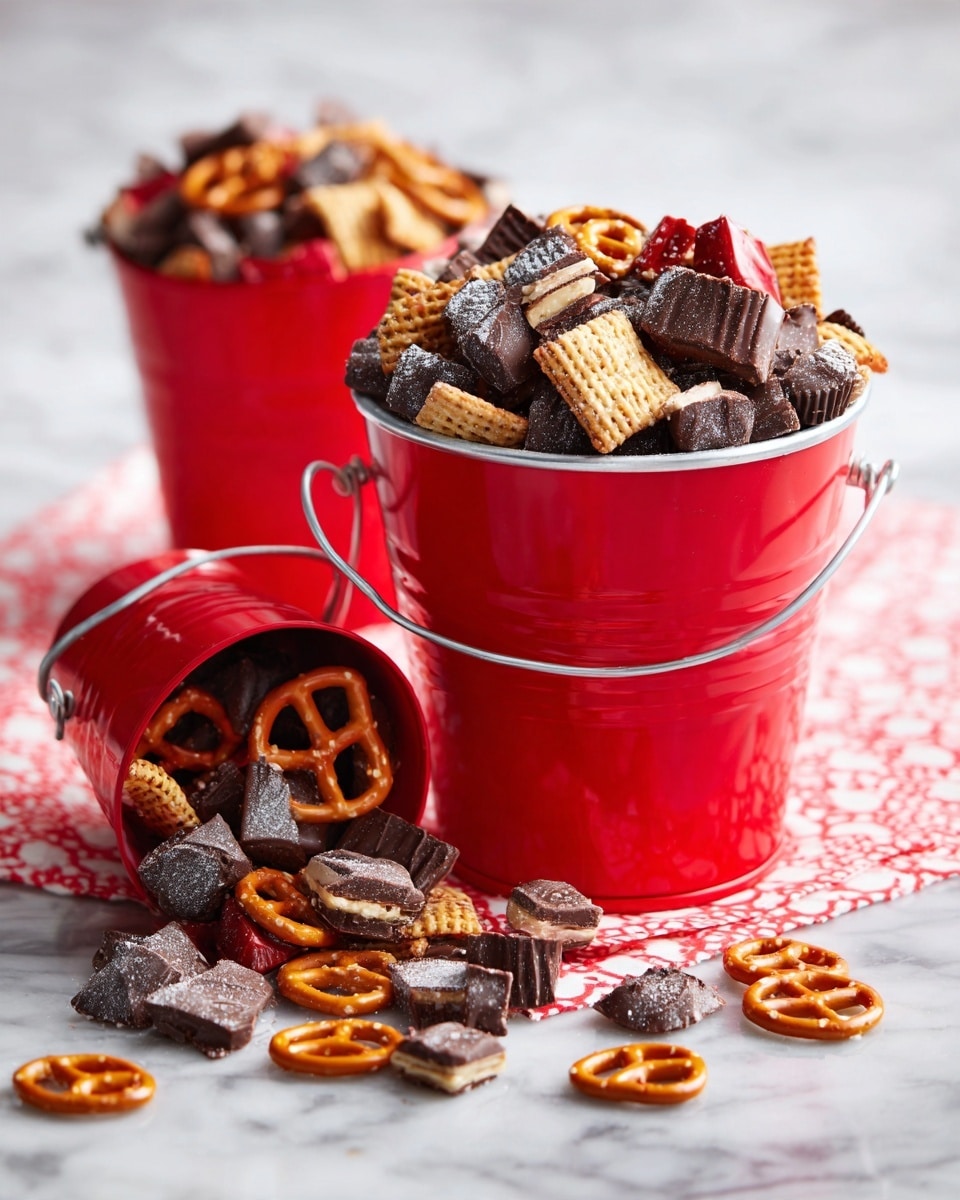 Two bright red metal buckets filled with snack mix sit on a red and white patterned cloth on a white marbled surface. One bucket is upright and fully filled with a mix of light brown pretzels, dark brown mini peanut butter cups, and pieces of chocolate and powdered sugar-covered squares. The second bucket lies on its side, spilling out the same mix of snacks with pretzels visibly scattered outside the bucket. The contrast between the red buckets, the mixed snack colors, and the white marbled background creates a festive, inviting display. photo taken with an iphone --ar 4:5 --v 7