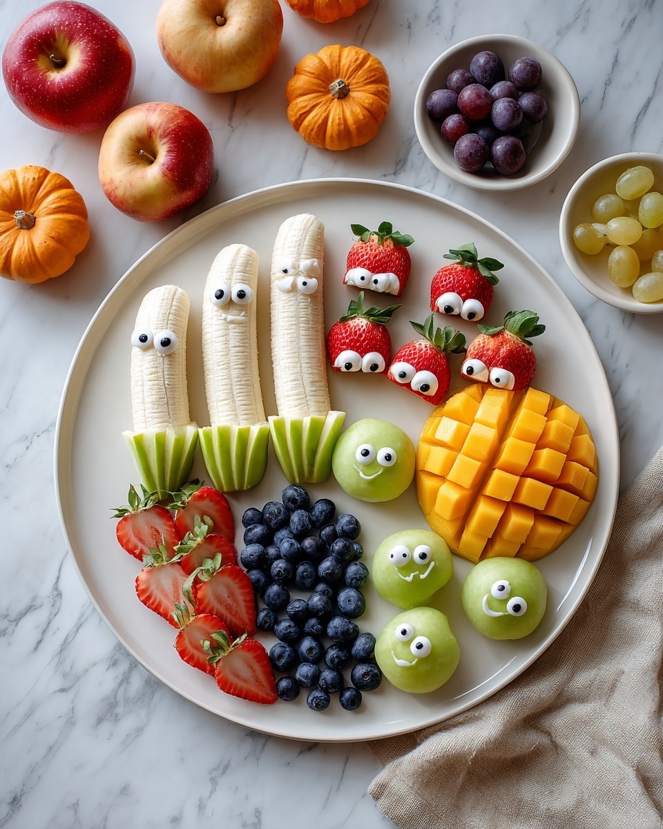 A large white plate on a white marbled surface holds a colorful Halloween-themed fruit arrangement. On the left side, three peeled bananas have two small white eyes with black pupils and an open black mouth shape to look like ghosts. Next to the bananas are four green apple slices and four red apple slices, each shaped like open mouths with a row of small white nuts as teeth and a strawberry slice inside. Among the apples and bananas are small black blueberries with some also decorated with single white eyes. Two mango halves on the right side are cut into cubes with white eyes placed on top like monsters. Below the mangoes, four small whole tangerines with green stems look like tiny pumpkins. Green grape halves with single white eyes cluster next to the tangerines. On the right edge, six strawberries wrapped in beige cream have white eyes, creating mummy-like faces. The background has three whole apples and two small orange pumpkins arranged around the plate. photo taken with an iphone --ar 4:5 --v 7