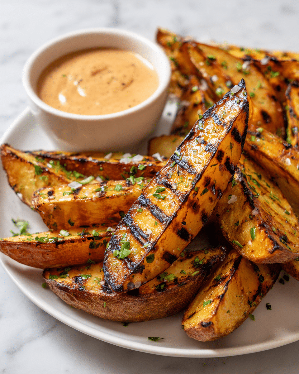 The image shows several golden-brown grilled potato wedges stacked on a white plate. Each wedge is marked with dark grill lines and sprinkled with green herbs, adding texture and color. Next to the wedges is a small white bowl filled with a creamy dipping sauce that has a smooth light brown surface. The scene is set on a white marbled textured surface. Photo taken with an iphone --ar 4:5 --v 7