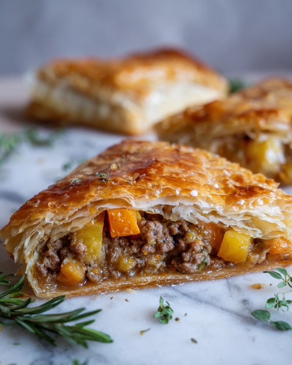 The image shows two golden-brown puff pastry turnovers on a white marbled surface, one cut open to reveal the filling inside. The pastry has multiple light and flaky layers with a shiny, slightly crisp outer texture. Inside, there are three visible layers of filling: dark brown cooked ground meat, orange cubes of carrot, and pale yellow cubes of potato, all moist and mixed together. Tiny green herb leaves are scattered on the surface near the pastries. Photo taken with an iphone --ar 4:5 --v 7