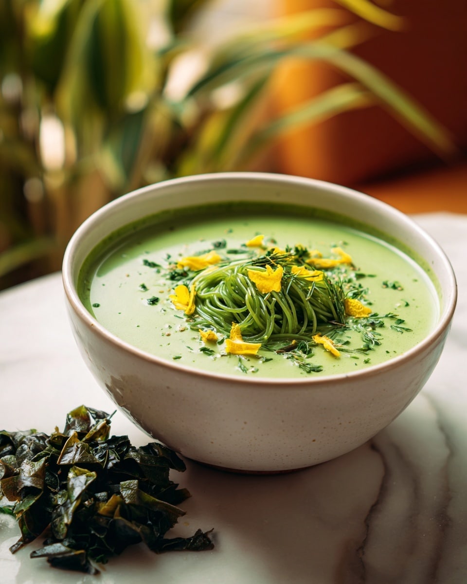 The image shows a close-up of a white bowl filled with a green soup that looks smooth and creamy, with green noodles floating in it. On top, there are small bright yellow chunks and some finely chopped green herbs sprinkled over. To the side of the bowl, there is a small pile of dark green leafy vegetables. The bowl is sitting on a white marbled surface, and the background is softly blurred with warm tones and some green from plants. Photo taken with an iphone --ar 4:5 --v 7