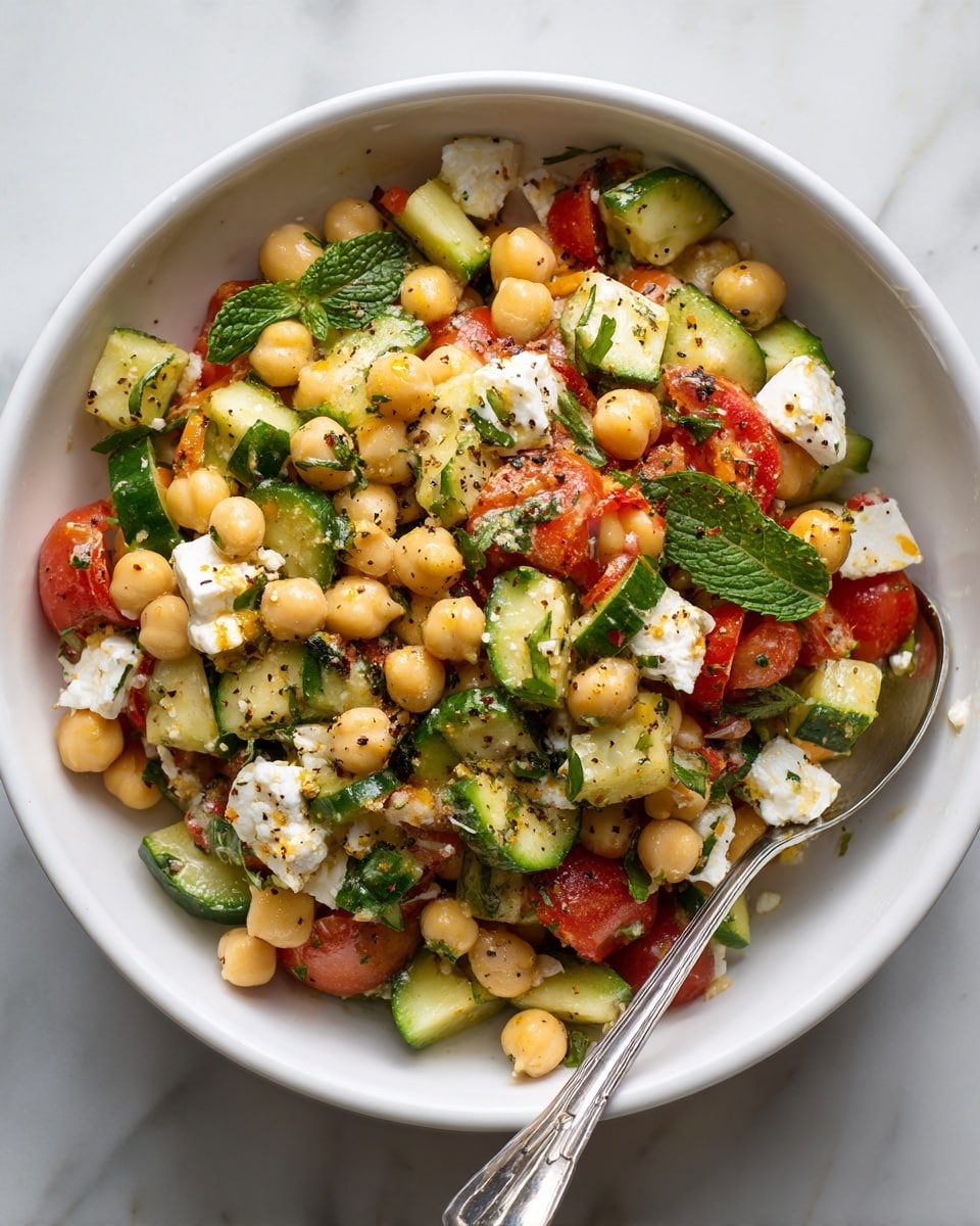 A white bowl filled with a fresh chickpea salad, showing three main layers: a base of pale yellow chickpeas with a smooth, round texture; mixed in are chunky cucumber pieces with light green and dark green skin, and bright red tomato chunks. Scattered throughout are soft white cottage cheese curds with a slightly grainy texture. The salad is topped with fresh green mint leaves and finely chopped herbs, sprinkled with a little black pepper. A silver spoon rests in the bowl and the setup is on a white marbled surface. Photo taken with an iphone --ar 4:5 --v 7
