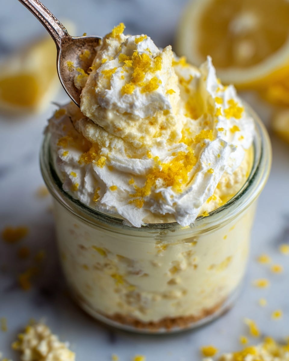 The image shows a close-up of a spoon with creamy lemon cheesecake overnight oats topped with whipped cream and small lemon zest pieces. The oats layer is pale yellow and creamy in texture. The top layer is white whipped cream with a few yellow lemon zest bits sprinkled on it. A white marbled surface is slightly visible in the background, with a blurred lemon slice beside the spoon. Photo taken with an iphone --ar 4:5 --v 7
