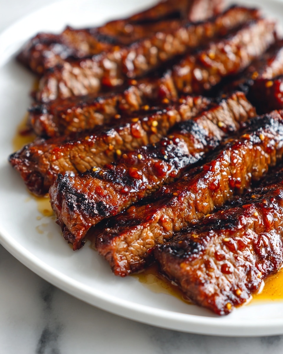 The image shows a close-up of multiple grilled steak strips arranged side by side on a white plate. The steak strips are covered in a shiny, dark brown honey glaze that highlights their grilled texture with visible char marks and a slightly crisp surface. The glaze creates a glossy layer that catches the light, making the meat look juicy and tender. The background features a white marbled texture, providing a clean and elegant contrast to the rich colors of the steak. Photo taken with an iphone --ar 4:5 --v 7